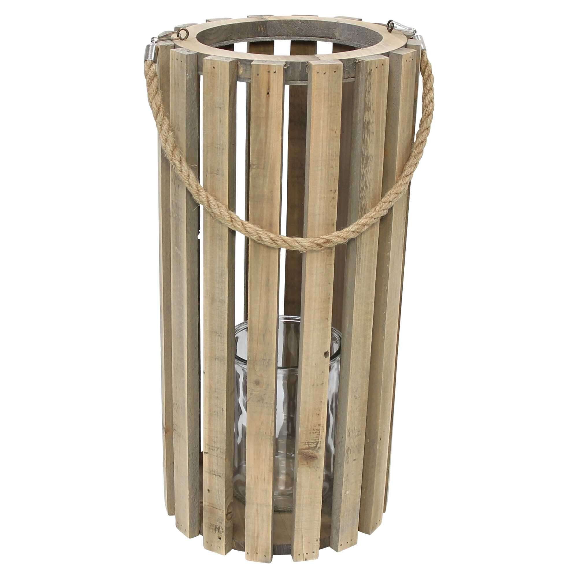 Dekoleidenschaft Kerzenlaterne "Recycelt" Laterne aus Holz mit Windlichtglas, Ø 28 x 58 cm groß, Holzlaterne, Kerzensäule, Windlicht, Holzwindlicht, Windlichtsäule