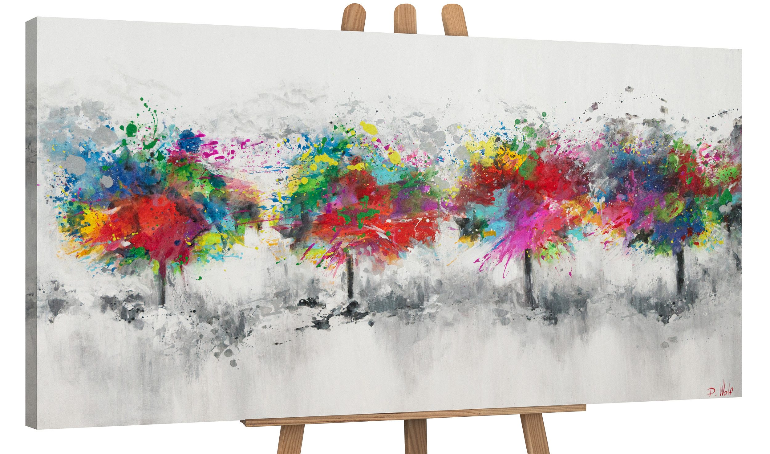 YS-Art Картина Bunter Wald, Abstrakte Изображения, Leinwandbild Bunte Baumlandschaft auf Grauem Hintergrund