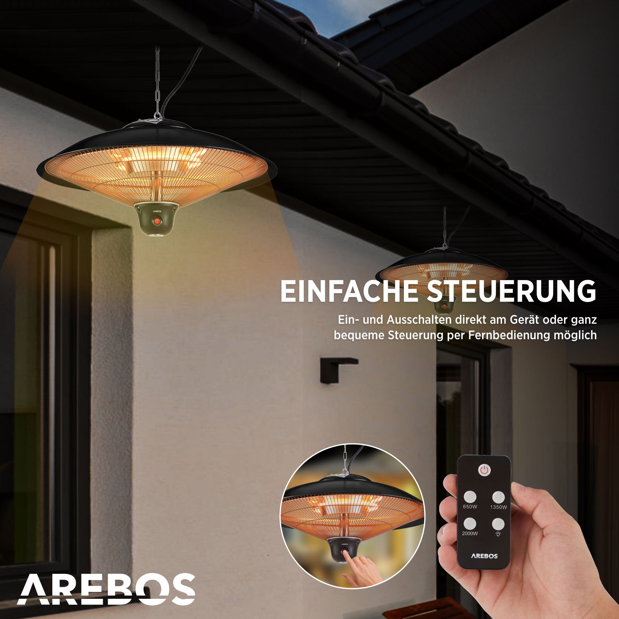 LED-Lampe inkl. Deckenheizstrahler, Fernbedienung + W, 2.000 schwarz Arebos Infrarotstrahler