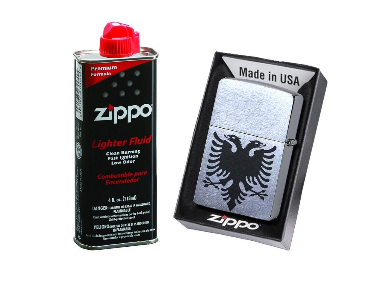 Lasernauten Feuerzeuge Zippo Feuerzeug mit Gravur albanischer Adler Chrome Brushed Albanien, Benzinfeuerzeug