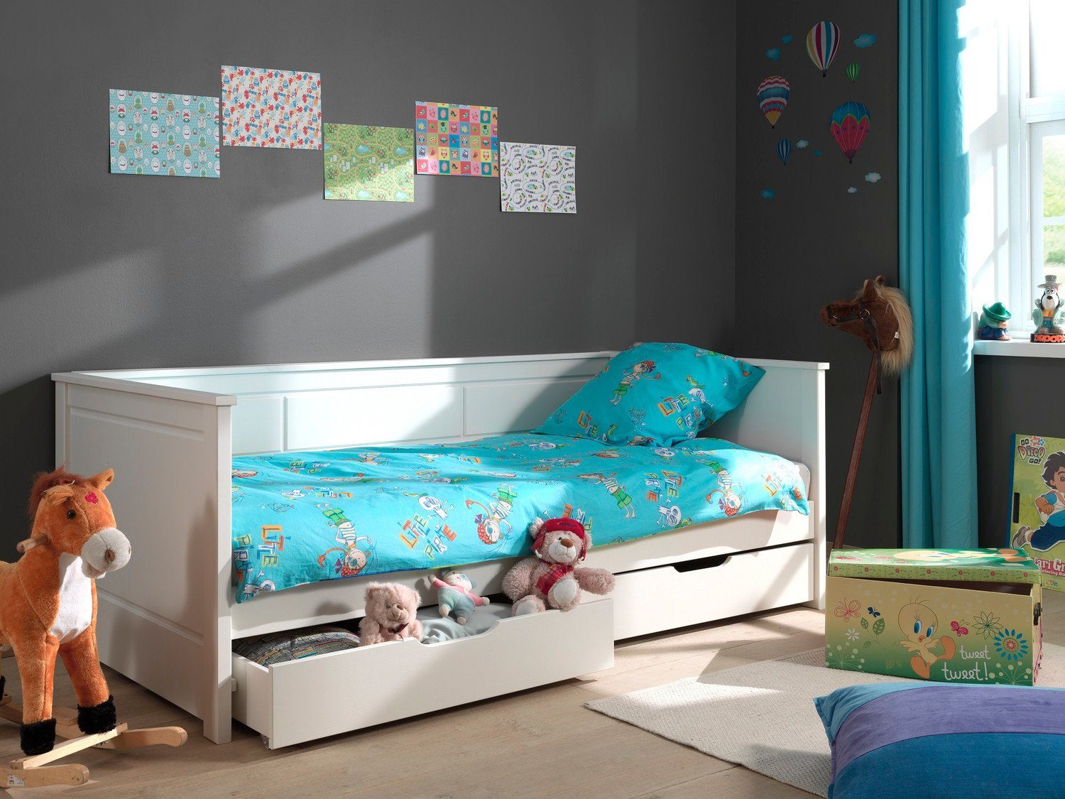 Natur24 Kinderbett »Kinderbett Kojenbett Pino mit 2 Schubladen Kiefer Weiß  90x200 cm«