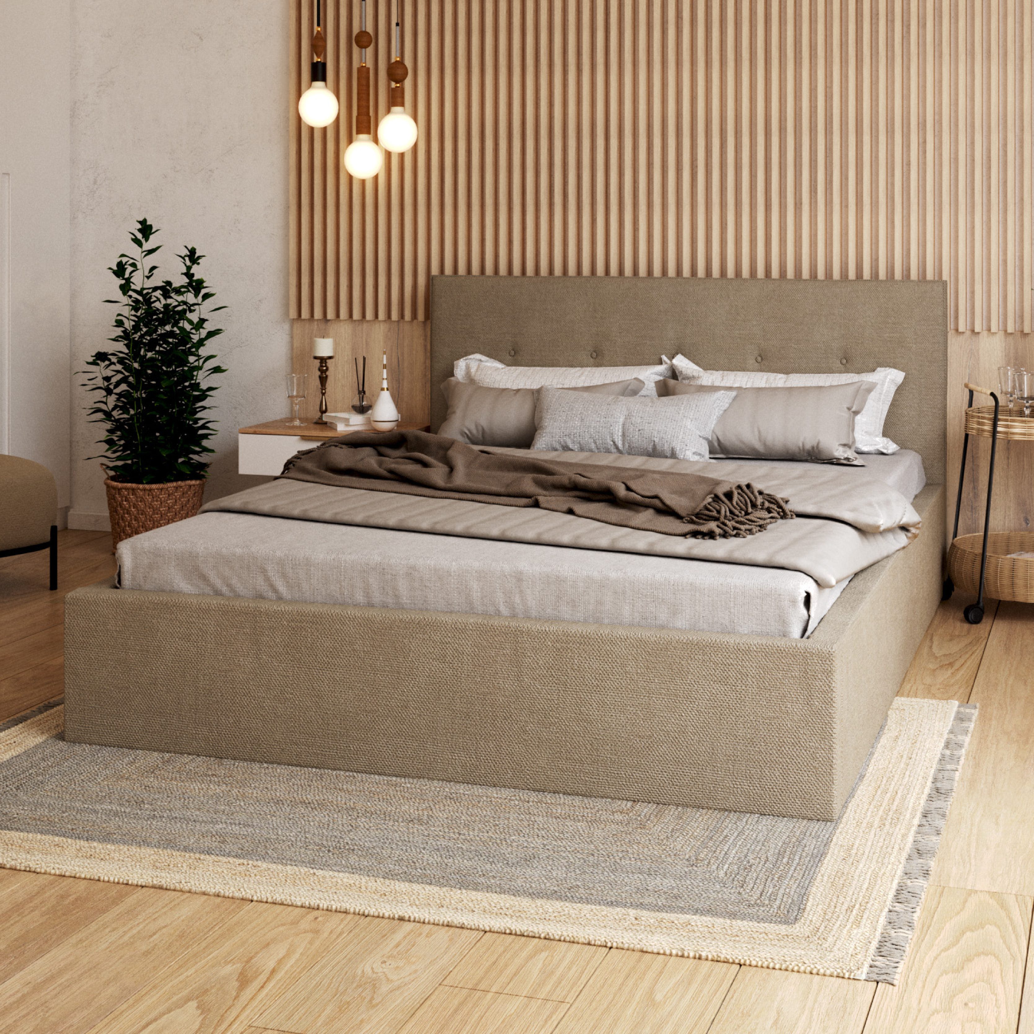 FDM Polsterbett BOHO Bettgestell 90x200, 120x200, 140x200, 160x200, 180x200cm (Polsterbett modern mit Bettkasten MADE IN EU - mit hochwertigem Ottawa Bezug, verfügbar 90x200 120x200 140x200 160x200 180x200cm, Bettrahmen, Bett, mit großen gepolsterten Kopfteil, mit Bettkasten zum aufklappen, Hebbarer Metallrahmen, Bettkasten, ohne Matratze), Hebbarer Metallrahmen, Bettkasten, ohne Matratze