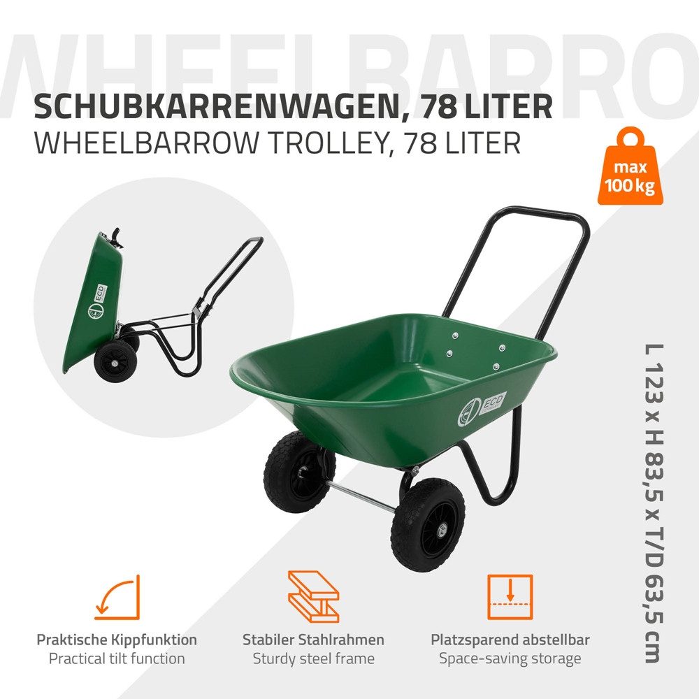 ECD Germany Schubkarre Garten 78L Gartenwagen Gartenkarre mit Kippfunktion Bauschubkarre, Gartenschubkarre Hofkarre 2x PU-Reifen & PP-Wanne 100 kg Tragkraft