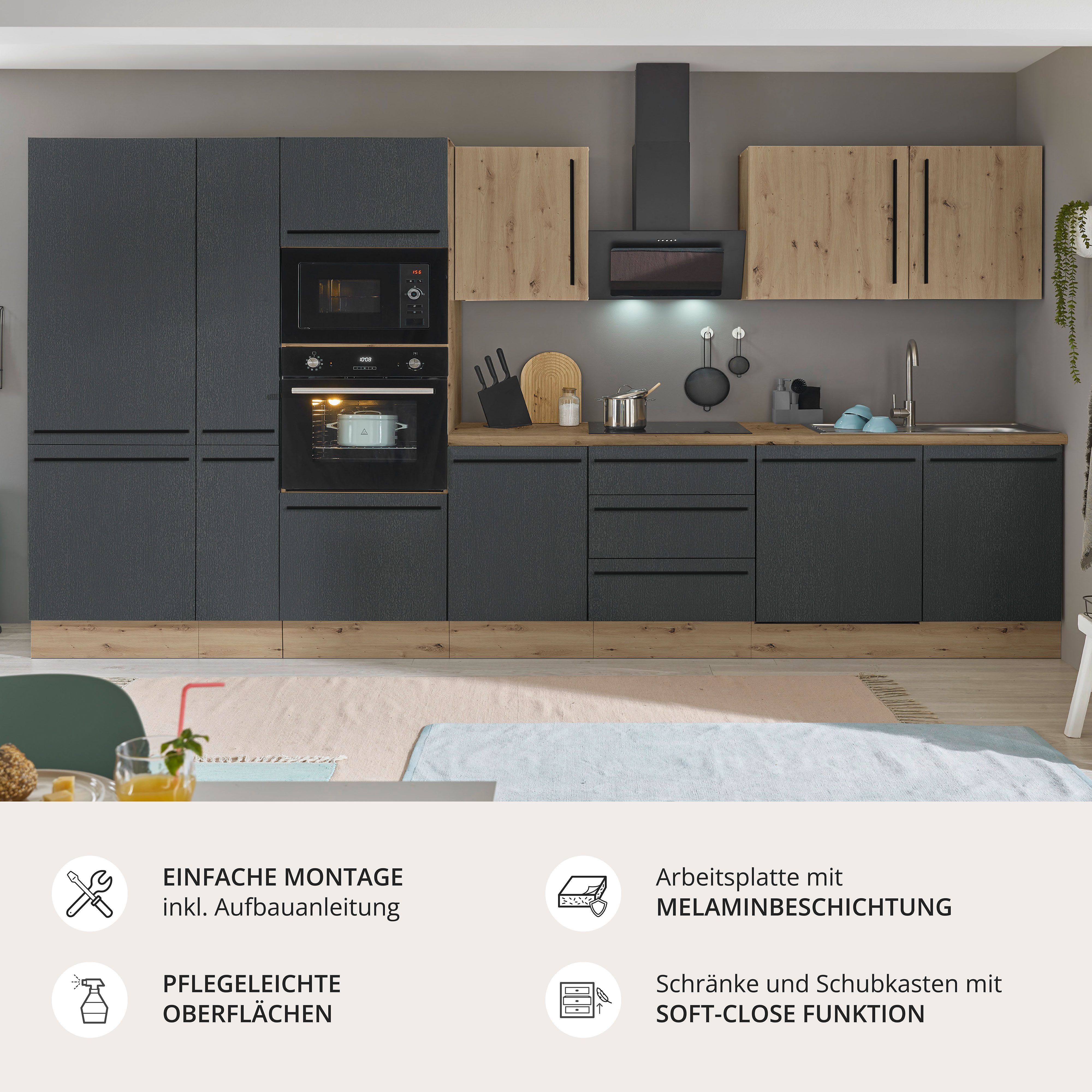 KOCHSTATION Küchenzeile Florida, Breite 370 cm, wahlweise mit E-Geräten,Softclose für Türen/Schubkästen