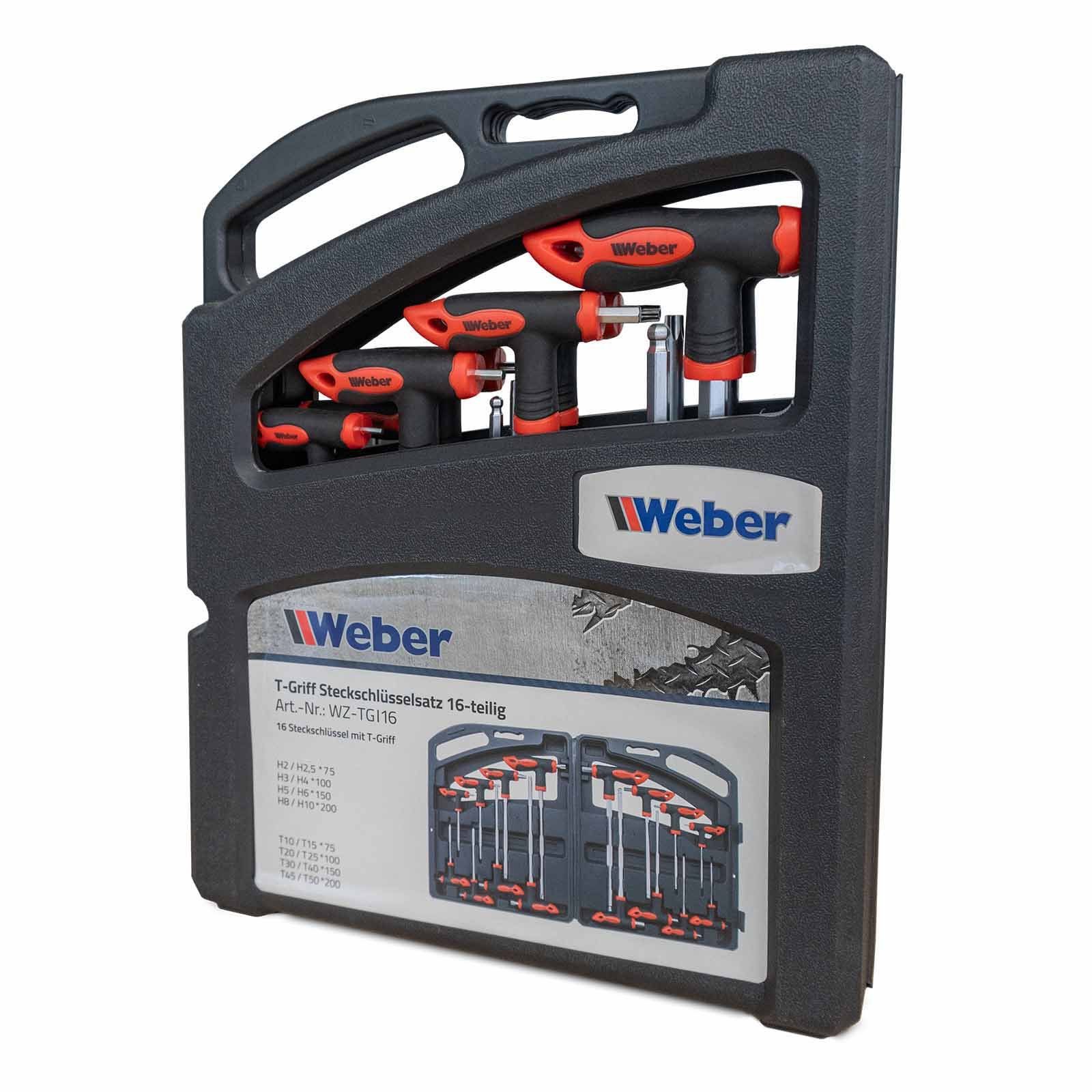 Weber GmbH Steckschlüssel T-Griff Steckschlüsselsatz 16-teilig (Set, 16 St., 16-teilig), aus Chrom-Vanadium-Stahl, im Kunststoffkoffer, 2-Komponenten-Griff