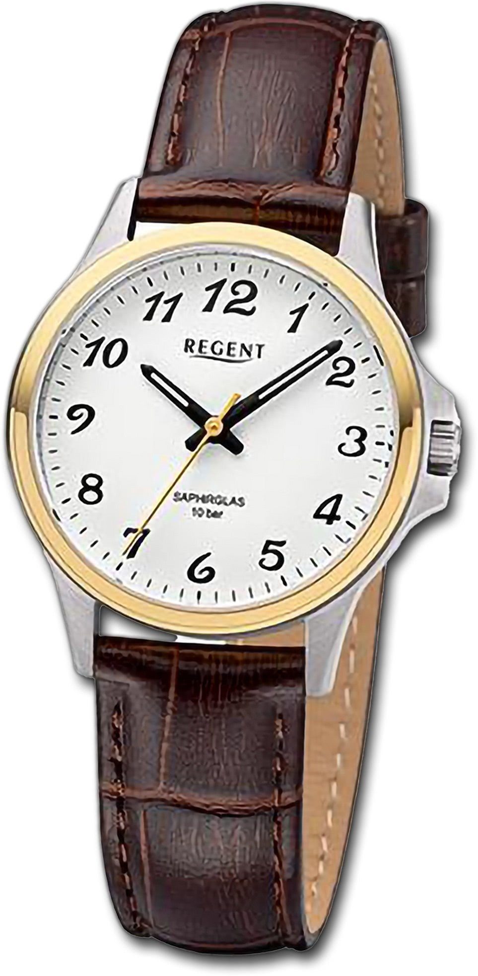 Regent Quarzuhr Regent Damen Armbanduhr Analog, Damenuhr Lederarmband braun, rundes Gehäuse, extra groß (ca. 32mm)