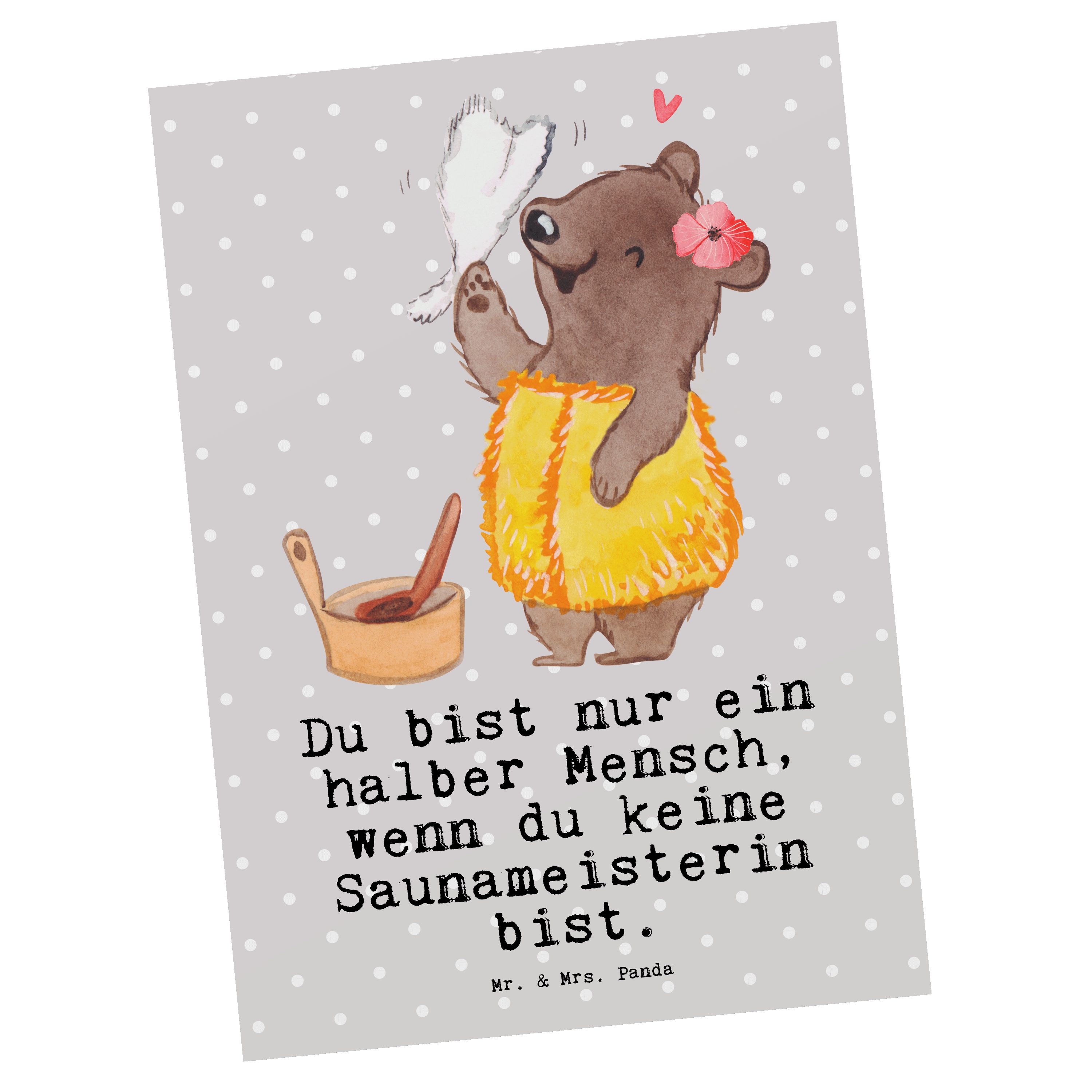 Mr. & Mrs. Panda Postkarte Saunameisterin Herz - Grau Pastell - Geschenk, Ausbildung, Karte, Ein, Hochglänzend