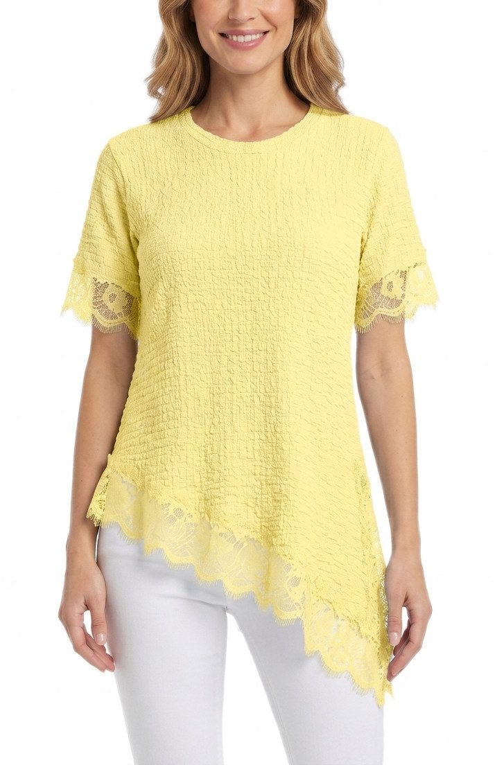 dy_mode Longtunika Damen Longshirt mit Spitzen Kurzarm Tunika in Knitter-Optik Oberteil in Unifarbe, Knitter-Optik, asymmetrisch mit Spitzen-Saum