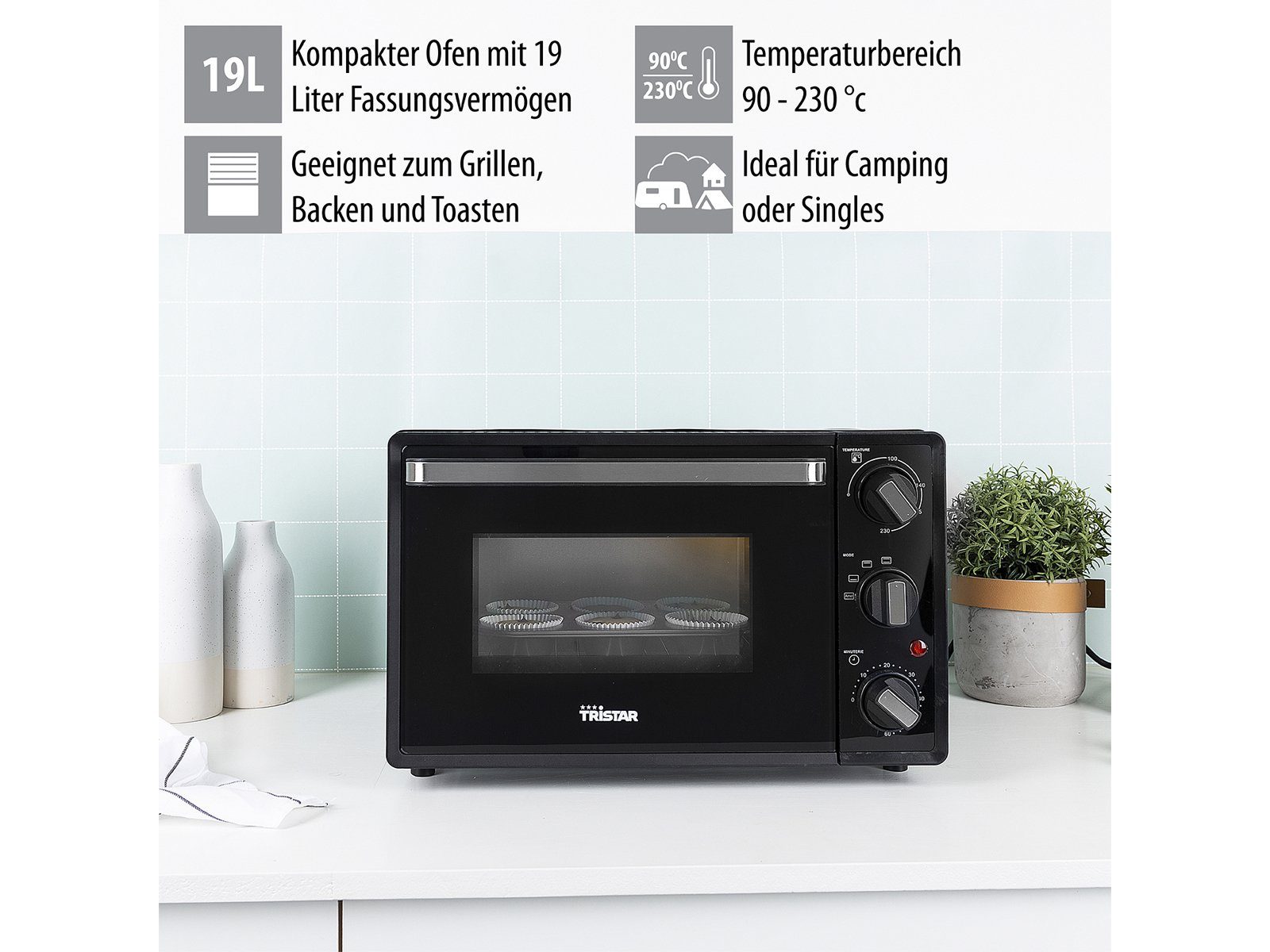 Tristar Minibackofen, Kleiner Tisch-Backofen für Toast Pizza Mini-Ofen 19L Ober & Unterhitze