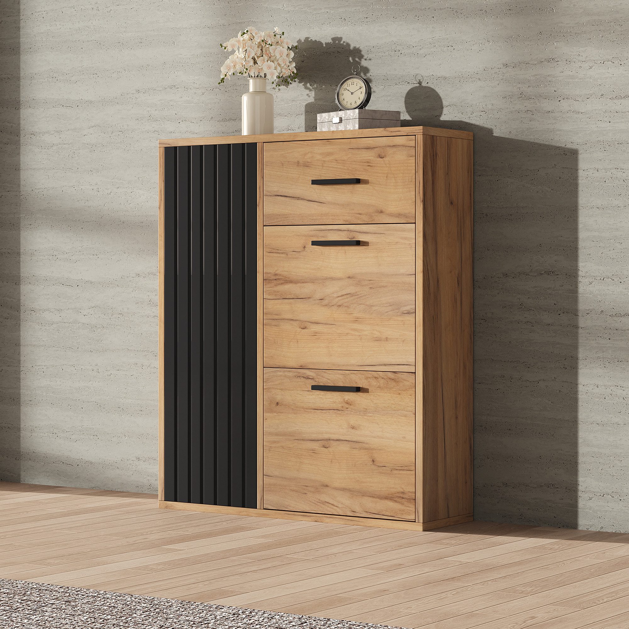 Merax Schuhschrank mit 1 Schublade, 2 Klappen, 1 Tür (1-St., Verstellbaren Regalen) Schuhregal, Schuhablage, Schuhkommode, 80×24×95.5 cm