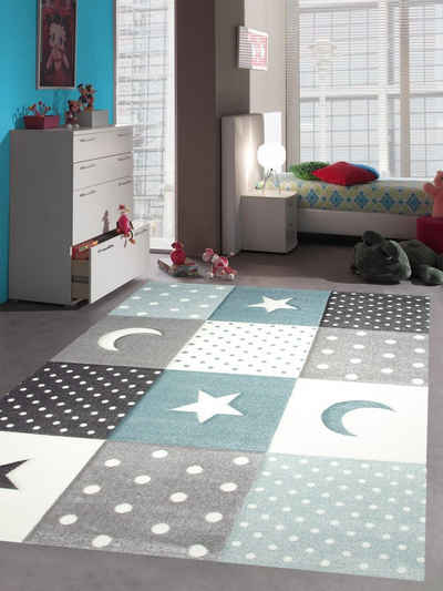 Kinderteppich Kinderzimmer Teppich Spiel & Baby Teppich Punkte Sterne Mond Design in blau türkis grau creme, Teppich-Traum, rechteckig, Höhe: 13 mm