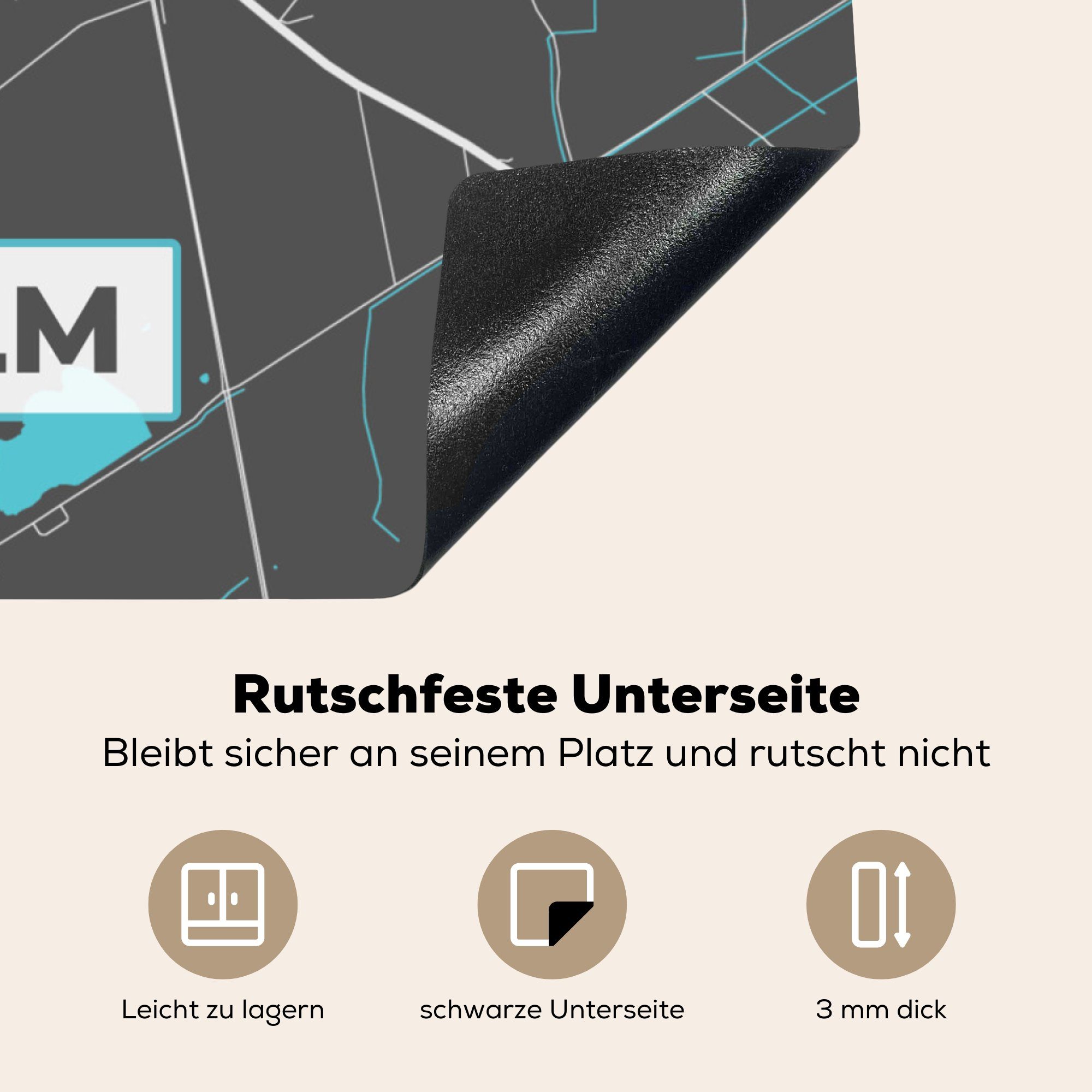 MuchoWow Herdblende-/Abdeckplatte Stadtplan - Deutschland Karte, - für (1 Neu Ceranfeldabdeckung, tlg), - Ulm cm, küche 78x78 Arbeitsplatte Vinyl, - Blau