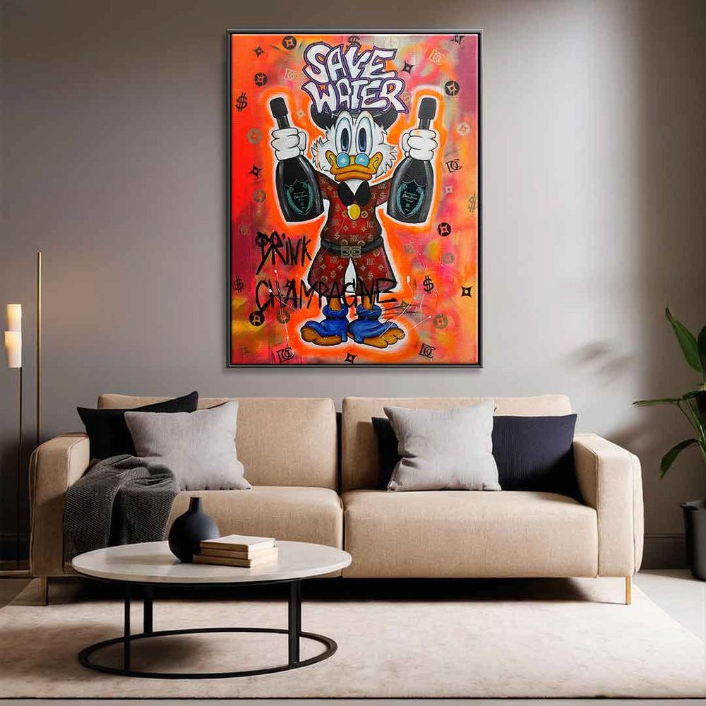 DOTCOMCANVAS® Leinwandbild Save Water - Leinwandbild, Duck Pop Art Comic Leinwand Bild Save Water drink champagne xxl Motiv