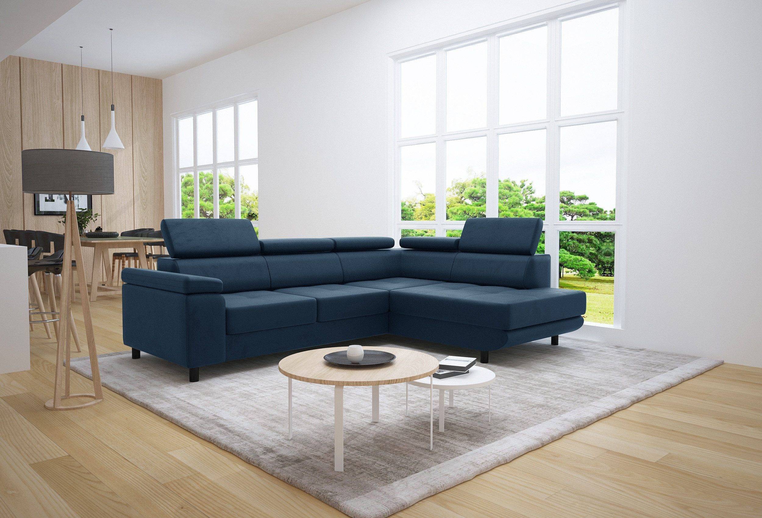thematys Ecksofa LUNA L mit Schlaffunktion & Bettkasten – aus Velours oder Cord Stoff, mit 5 verstellbaren Kopfstützen, – L-Form 250×183 cm – Schlafsofa mit Auszug