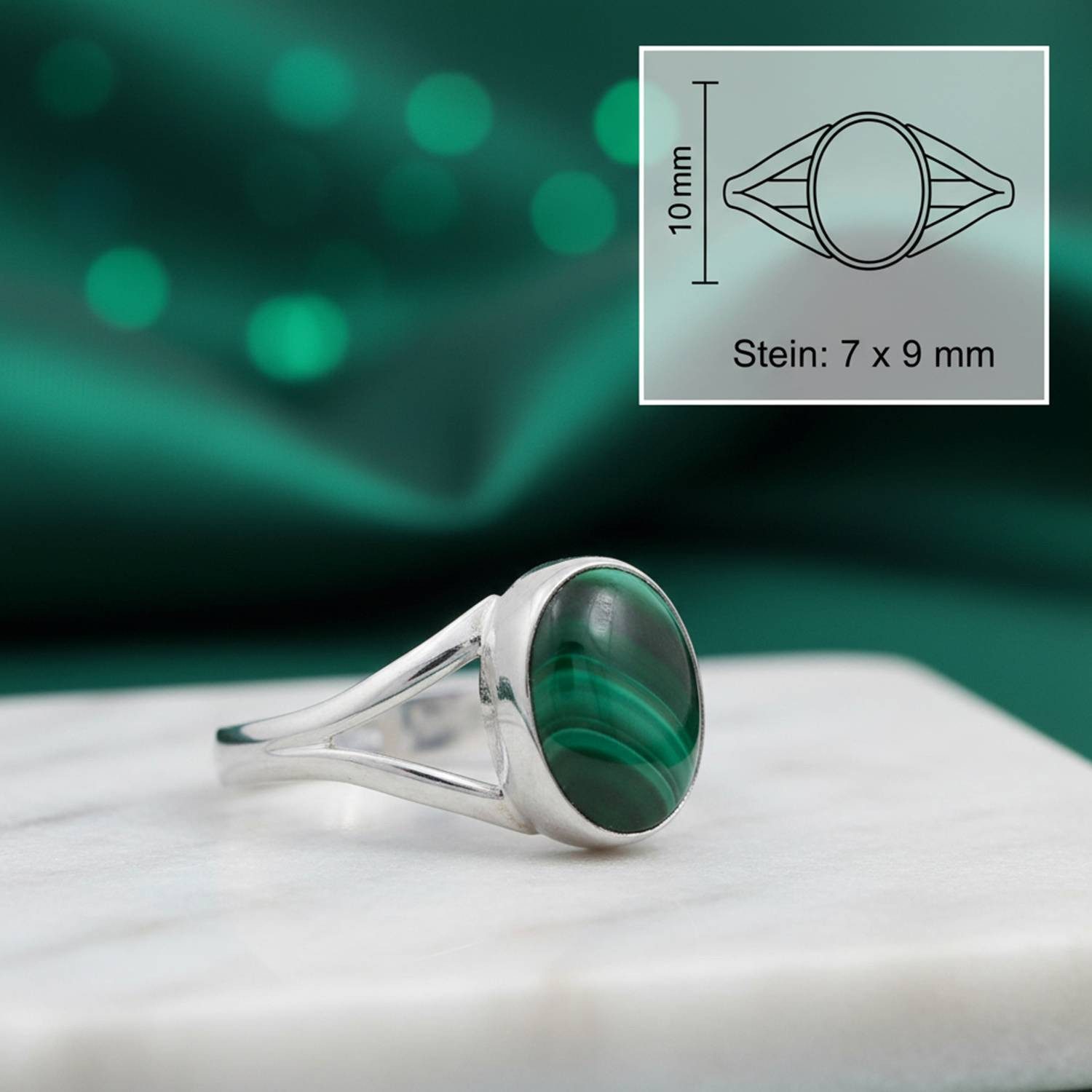 mantraroma Silberring HARDIN aus 925 Silber mit Malachit (Ring mit Schmuckbeutel), Damenring aus 925er Silber