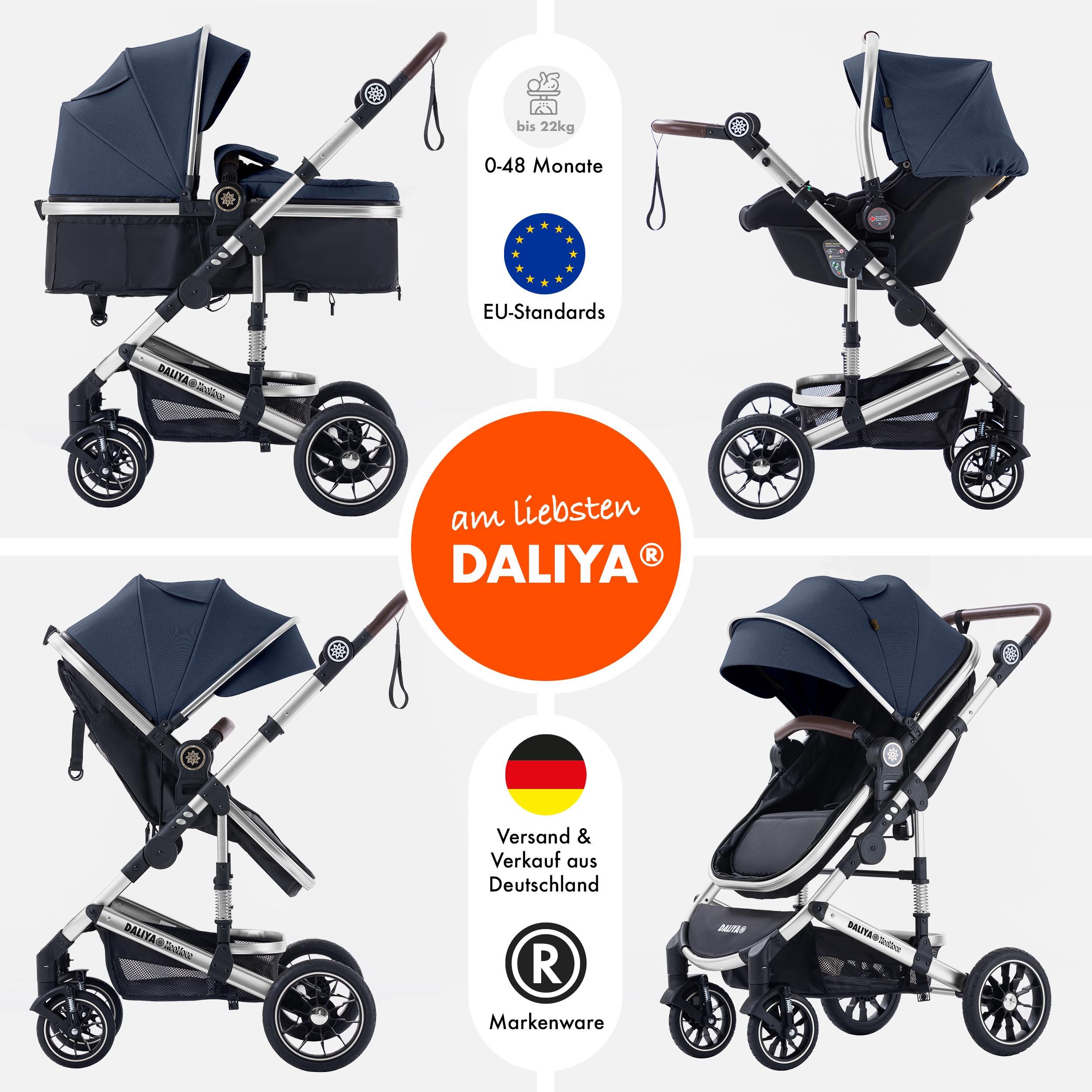 Daliya® Kombi-Kinderwagen NEOMOVE 3in1 Kinderwagen mit i-Size Babyschale & Buggy, (Reise-Set, 10-tlg), Kinderwagen mit i-Size Babyschale, Alu-Rahmen, Großer Einkaufskorb