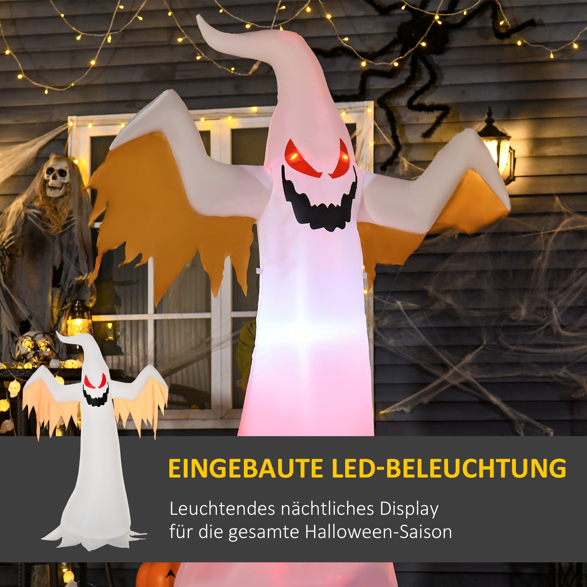 HOMCOM LED-Dekofigur Selbstaufblasendes Gespenst 2,4 m mit IP44 (Halloweendeko, 1 St., Aufblasbare Halloweendekoration), Polyester Weiß+Rot 150 x 80 x 240 cm – Bild 4 von 5
