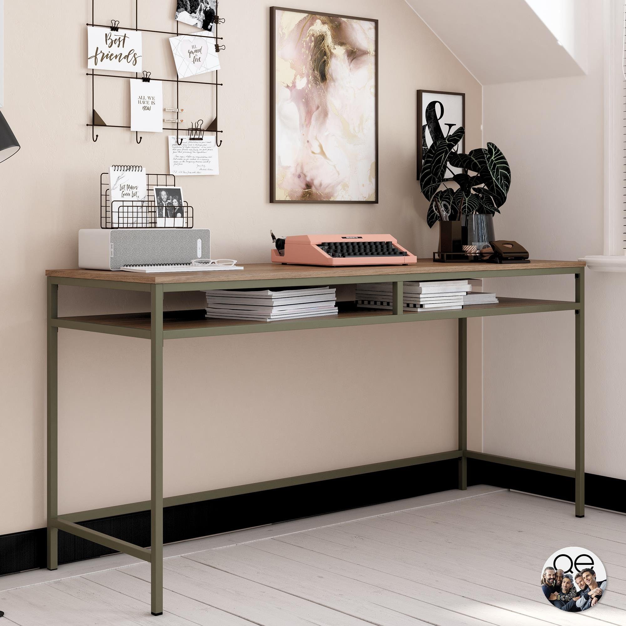 olivegrün loft24 Breite 153 in cm | Metallgestell, Tischplatte | olivegrün/walnuss Holzoptik, Bradford, walnuss Schreibtisch