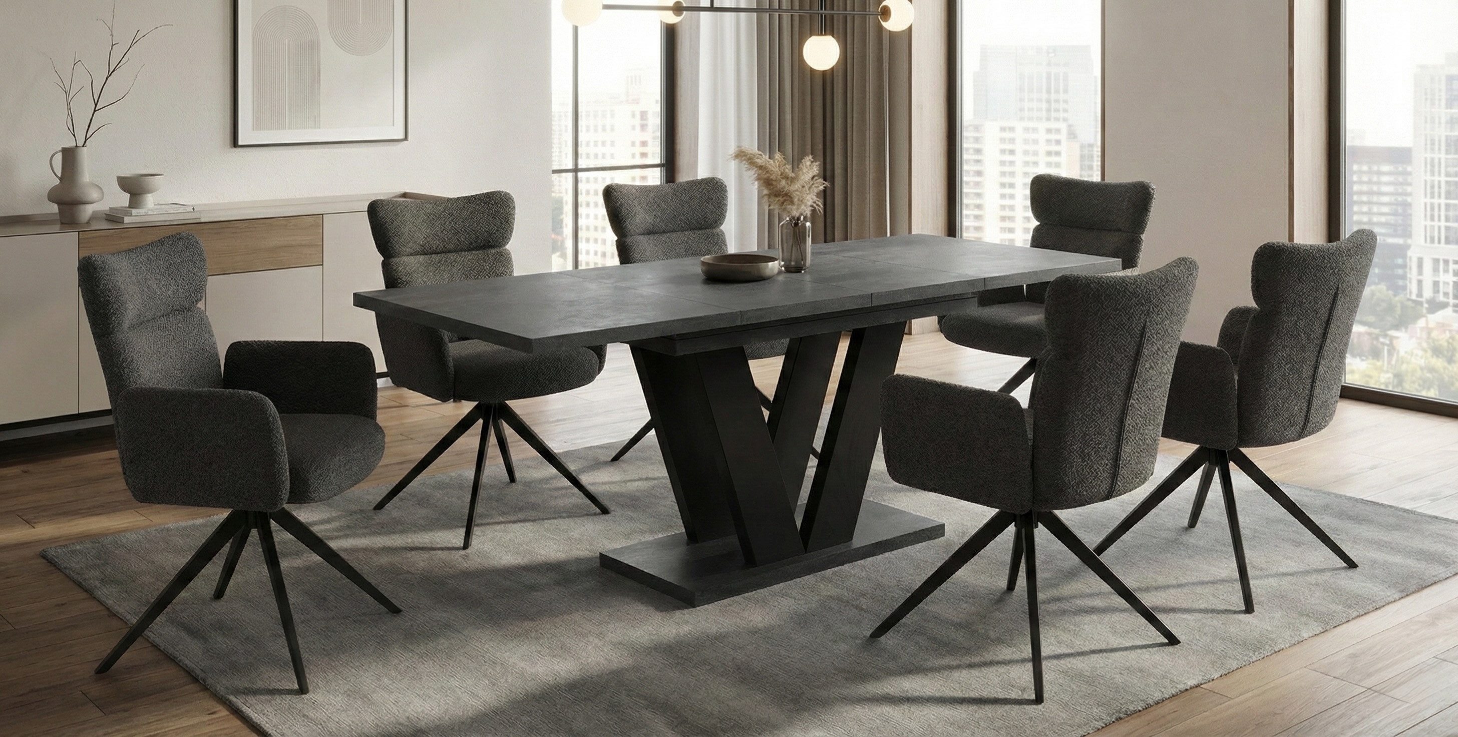 Endo-Moebel Essgruppe Essgruppe mit 6 Bouclé Stühlen und Esstisch Farbauswahl Hochlehner