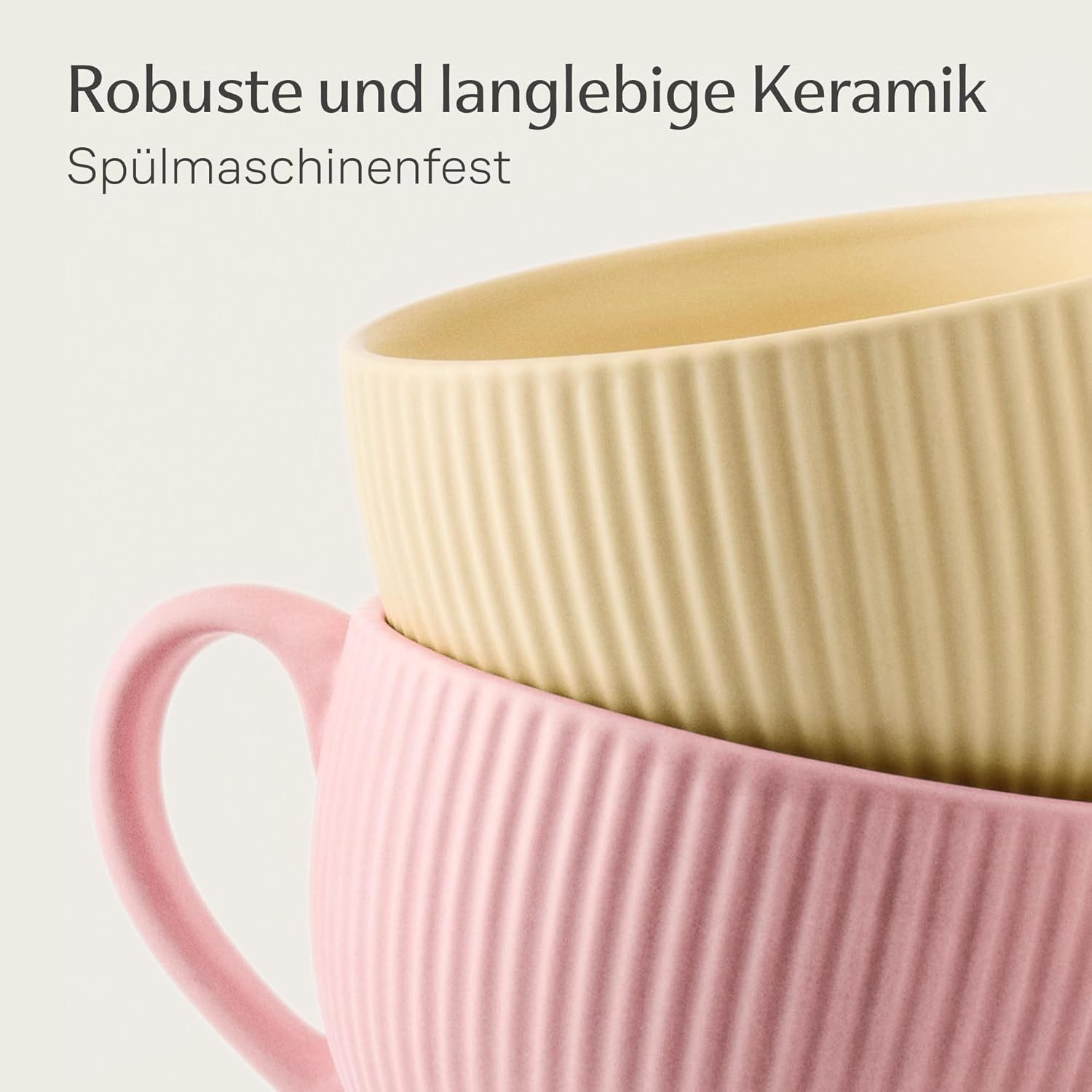 Cosumy Cappuccinotasse 6er Set mit Untertassen - 200 ml Kapazität - mattes Streifendesign, 12-tlg., Keramik, matt - spülmaschinenfest - mikrowellengeeignet - mo – Bild 5 von 5