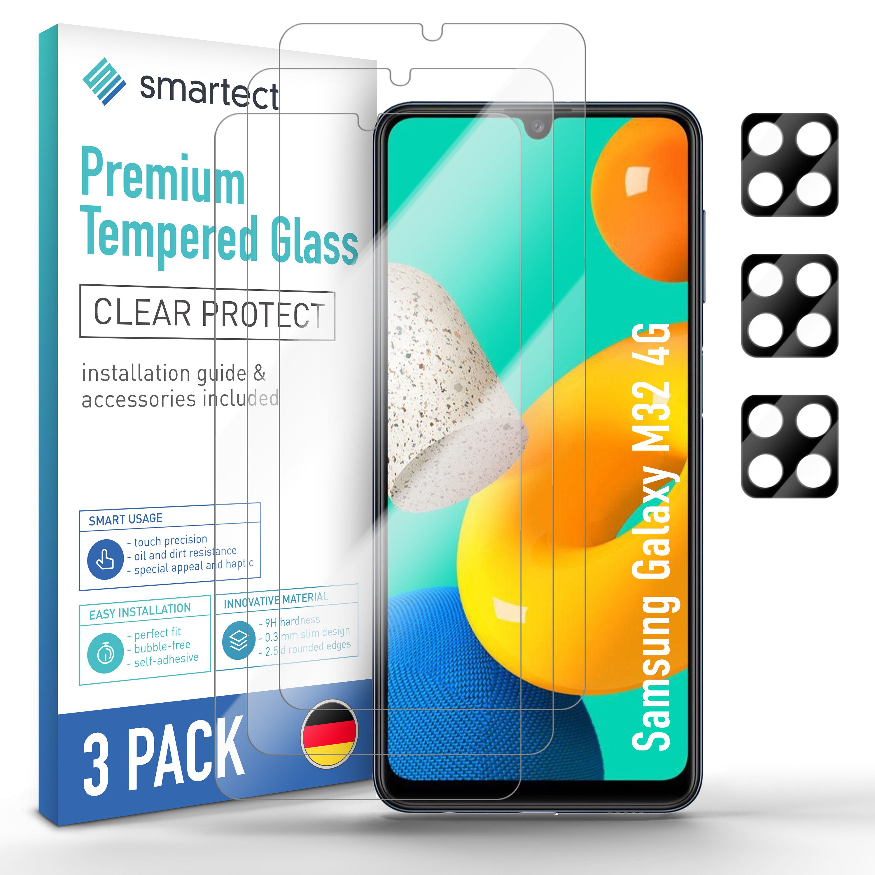 smartect Displayschutzglas Schutzglas Panzerfolie Klar für Galaxy M32 4G, Set, 3 Stück, (Display + Kamera) Schutzfolie Glasschutz