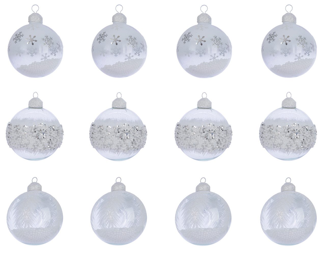 Kaemingk Weihnachtsbaumkugel, Weihnachtskugeln Glas mit Motiv gefüllt 8cm klar / weiß, 12er Set