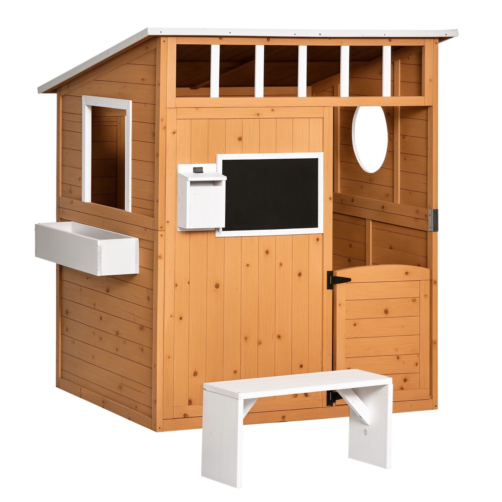 Outsunny Spielhaus Kinderspielhaus aus Holz mit Tür Fenster Briefkasten, für 3-8 Jahre Tannenholz Gelb 122 x 108 x 135,5 cm