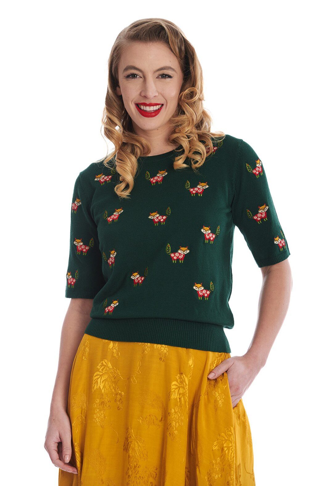 Banned Kurzarmpullover Scandi Fox Grün Vintage günstig online kaufen