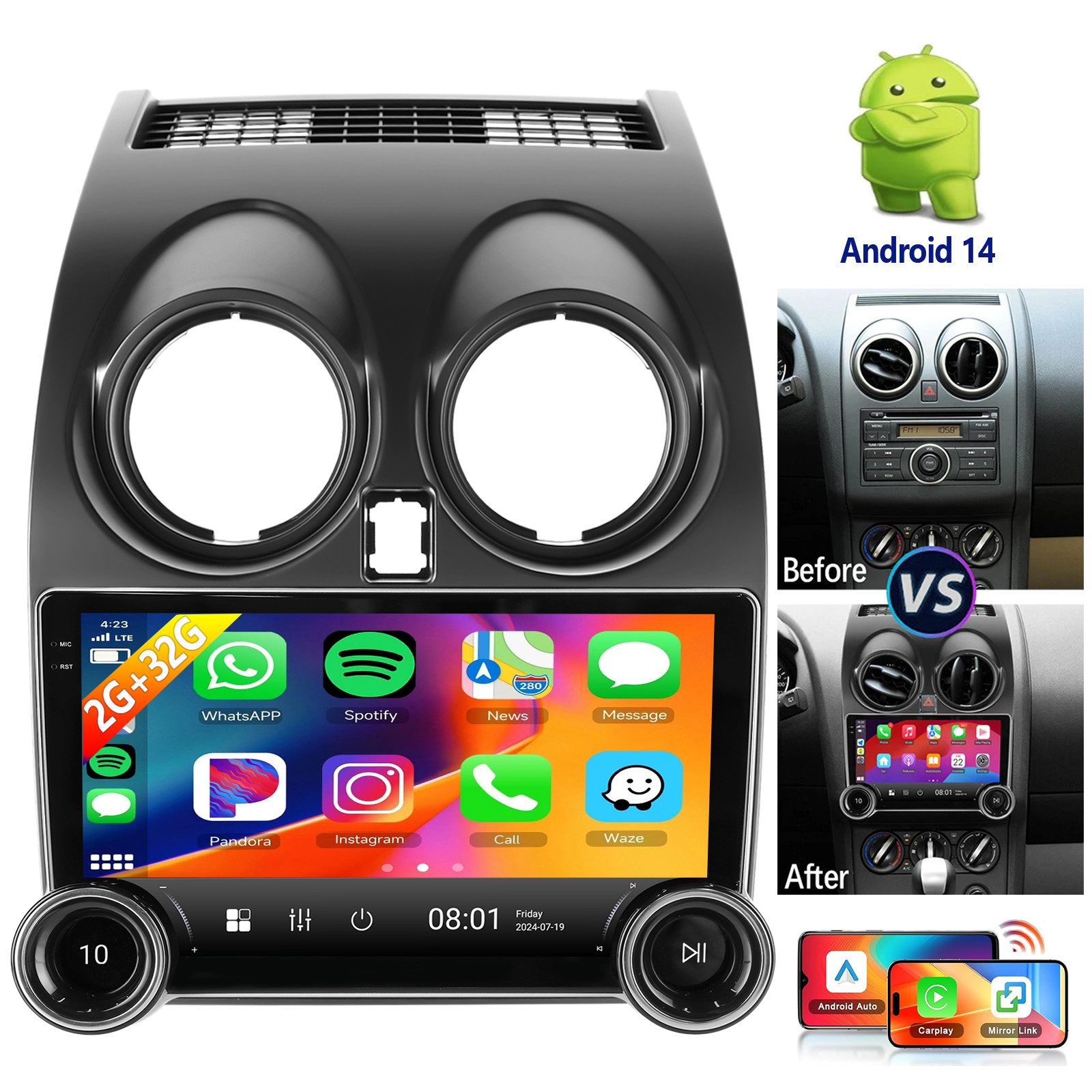 ESSGOO DAB+ Android14 Carplay 32/64G Für Nissan Qashqai J10 2007-2015 Autoradio (Digitalradio (DAB), RDS, AM, FM, 4+64GB(optional), Apple Carplay Android Auto GPS Navi WIFI BT EQ)