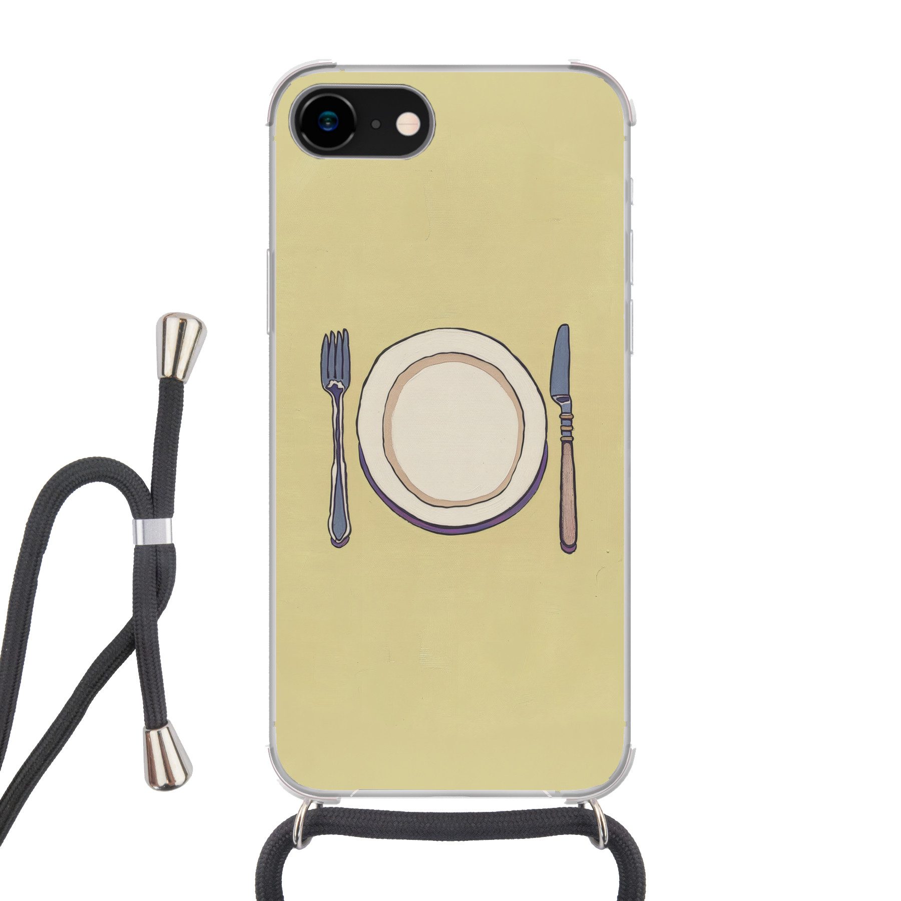 MuchoWow Handyhülle für Apple iPhone 8 Illustration - Teller - Besteck - Beige, Tragbare Handyhüllen mit Kette zum umhängen, Handykette Handyband
