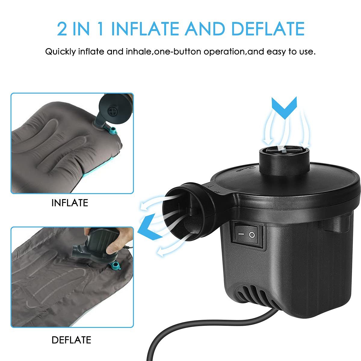 BlingBin Luftpumpe 240V Elektropumpe Aufblaspumpe mit 3 Luftdüse für Zuhause und Auto (1er Set, 4-tlg., 4 Stück), 2 in 1 Inflate und Deflate Elektrische Pumpe,  – Bild 4 von 5
