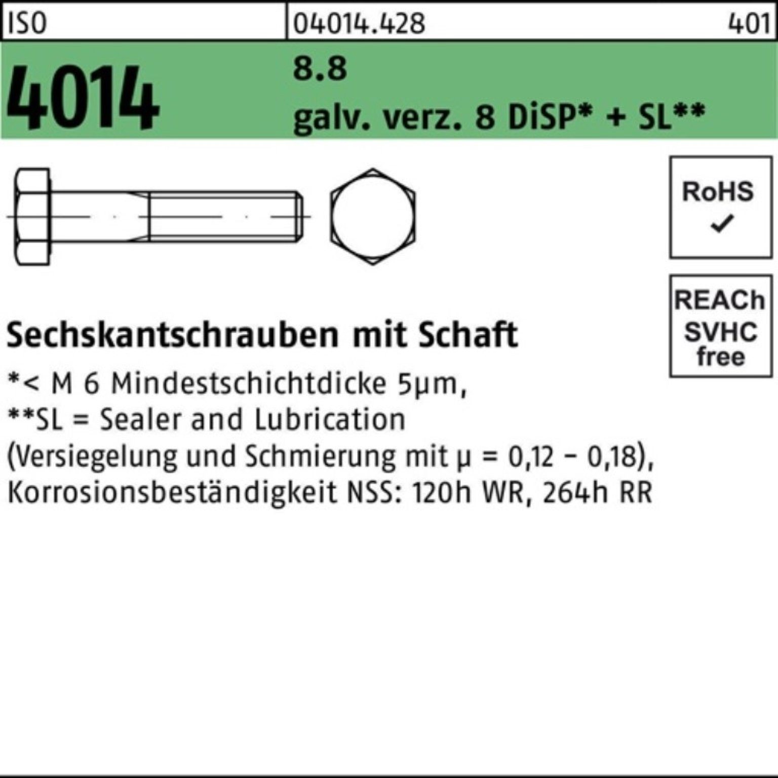 8.8 4014 Sechskantschraube Schaft D galv.verz. M10x65 Pack Bufab 8 ISO 100er Sechskantschraube