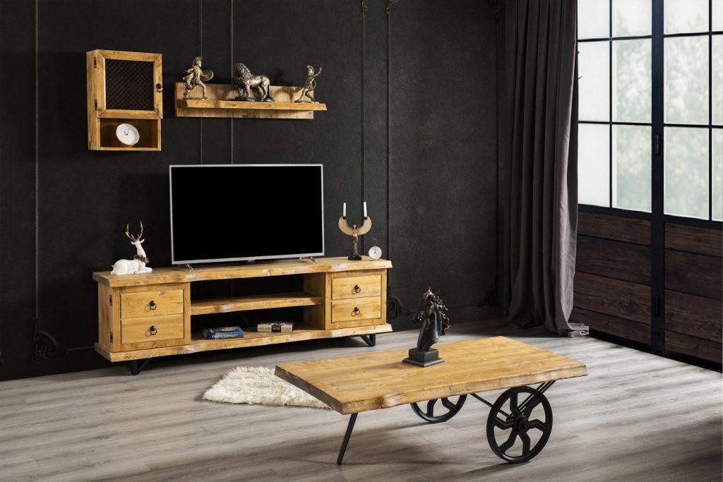 Xlmoebel Wohnwand Echt Holz Wohnwand in Braun mit rollbarem Couchtisch und Schrank, (4-St., Wohnwand), Hergestellt in Europa