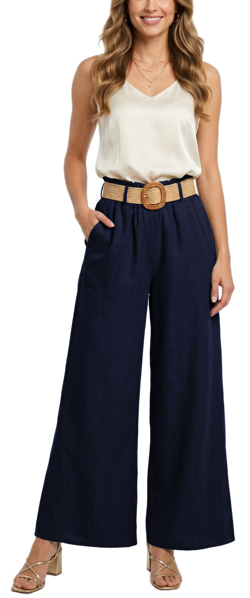dy_mode Palazzohose Damen High Waist Palazzohose Weitbein Hose Schlupfhose Sommer Strand in Unifarbe, High Waist, mit elastischem Bund – Bild 4 von 5