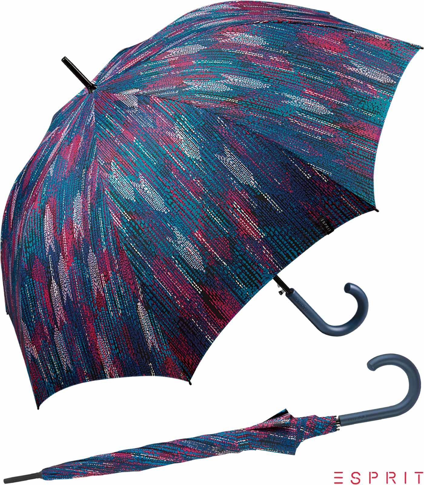 Esprit Langregenschirm Damen mit Auf-Automatik - Blurred Edges - ocean depths, groß, stabil, in bunter verwaschener Optik blau