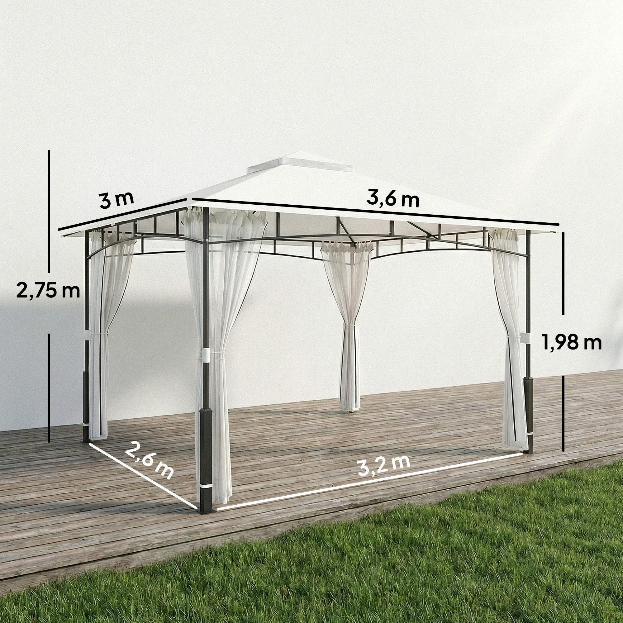 Outsunny Pavillon Gartenpavillon mit Moskitonetz, Doppeldach, aus Metall, mit 4 Seitenteilen, (Gartenpavillon, Garten Pavillon), für Garten, Terrasse, 360 x 300 x 275 cm, Schwarz