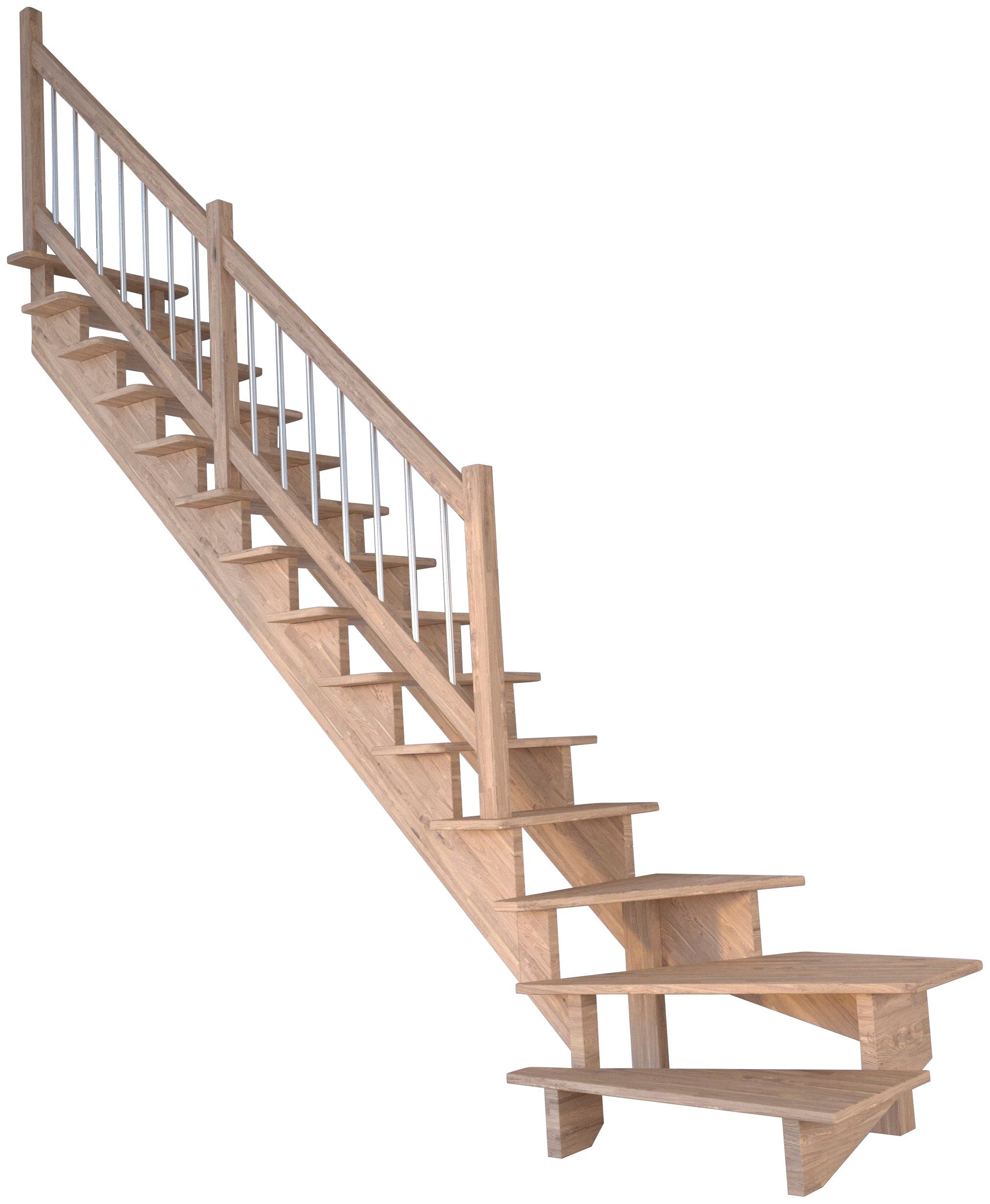 Starwood Systemtreppe Massivholz Lindos, Holz-Edelstahl, für Geschosshöhen bis 300 cm, Stufen offen, gewendelt Links, Durchgehende Wangenteile