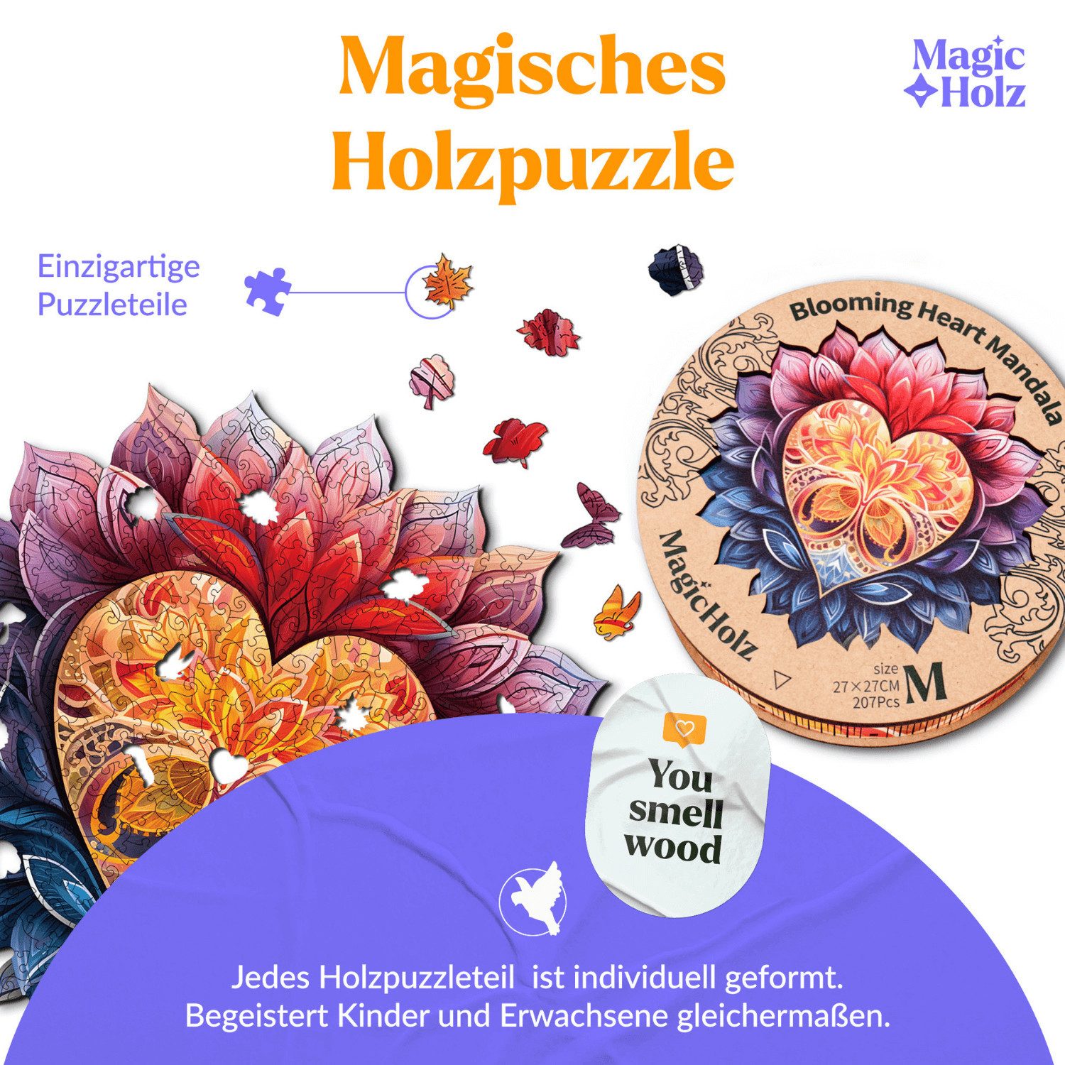 MagicHolz Puzzle Blühendes Herz Mandala Holzpuzzle (2D), 297 Puzzleteile