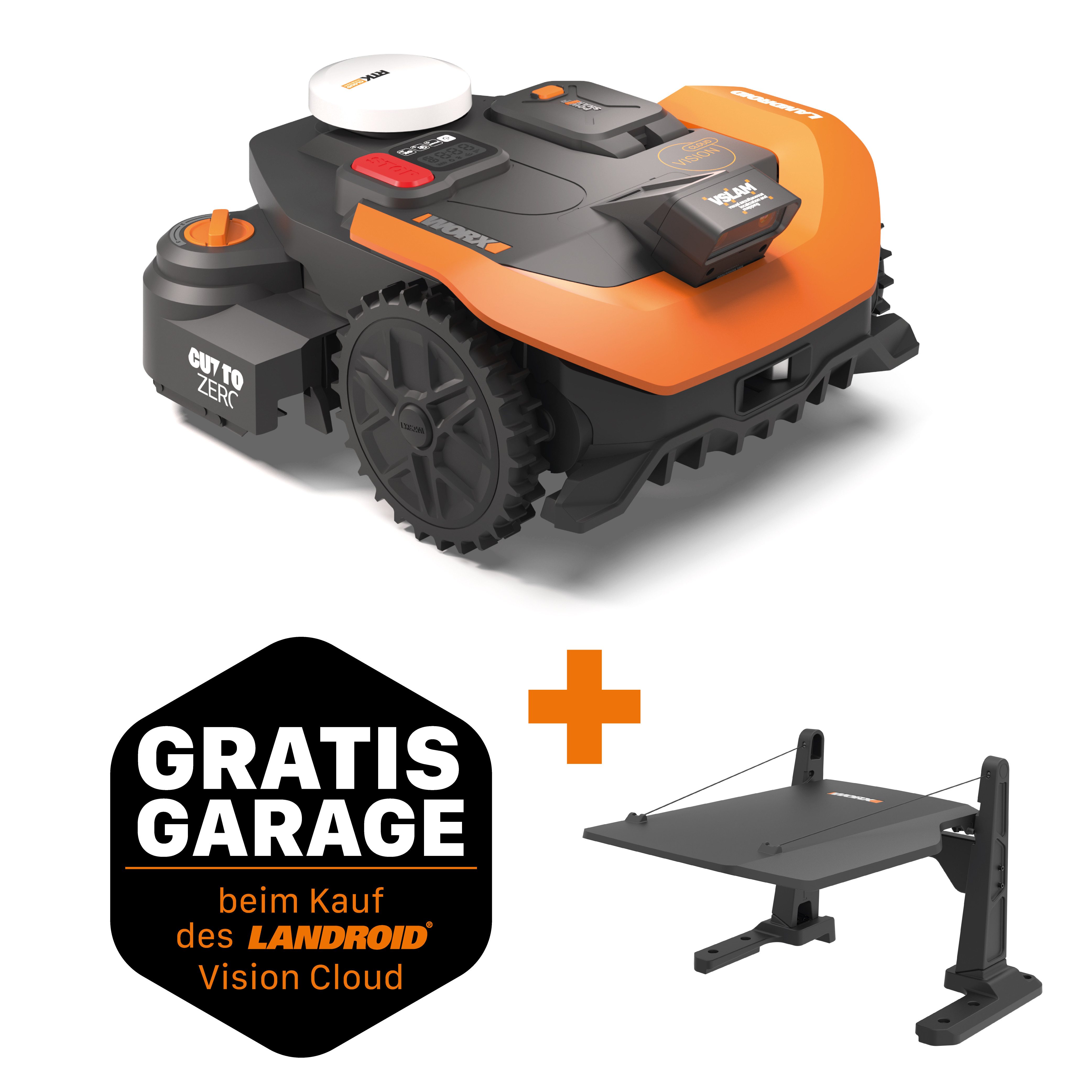 Worx Rasenmähroboter Landroid Vision Cloud WR318E 2WD ohne Begrenzungskabel, Auto-Mapping, bis 1800 m² Rasenfläche, (KI-Hinderniserkennung, VSLAM+ RTK Cloud Navigation, Cut-to-Zero), App-Steuerung