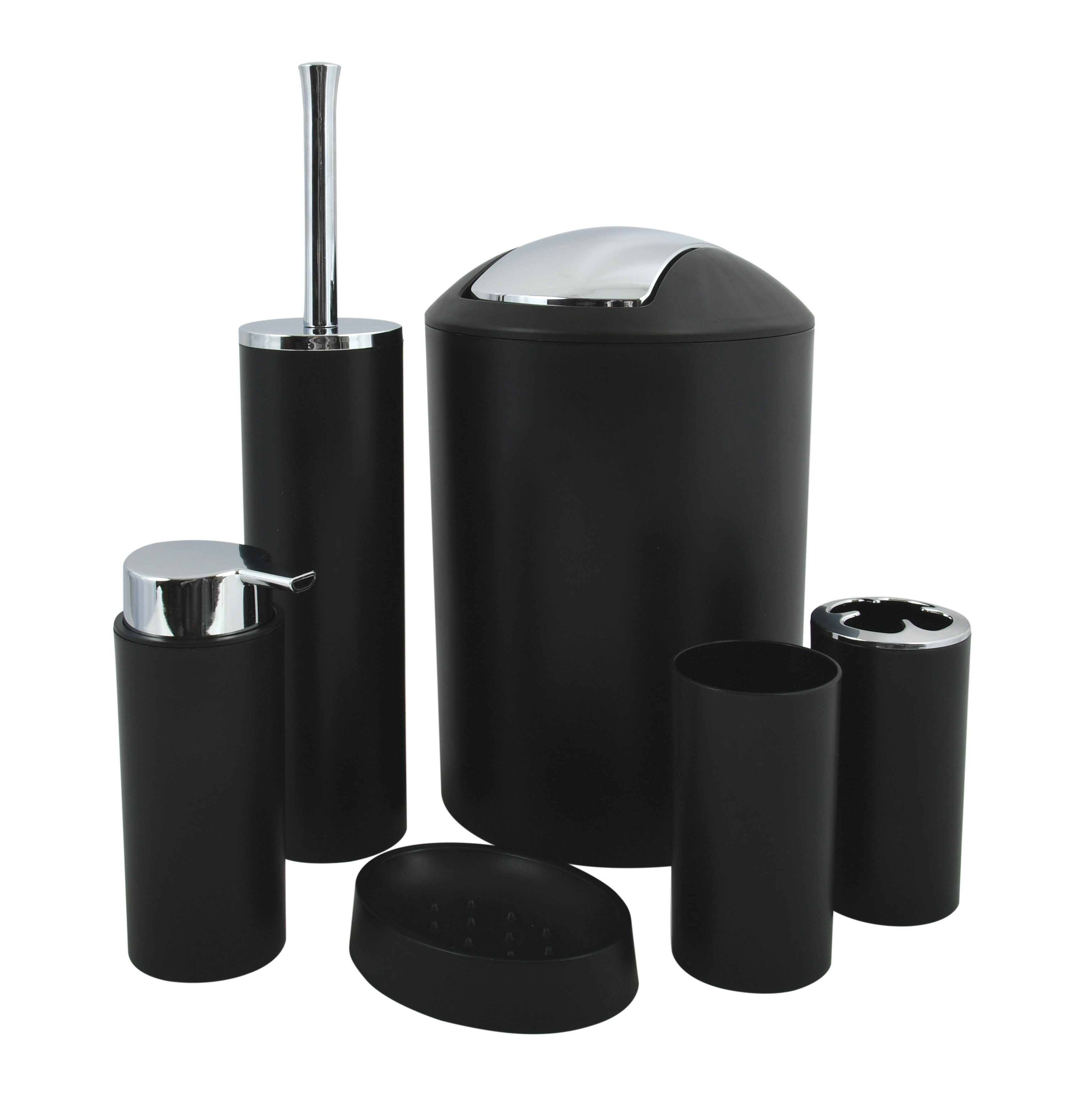 MSV Badaccessoires-Sets HANNAH, Zubehör-Set aus hochwertigem Kunststoff, 6-tlg., bestehend aus Kosmetikeimer, WC Bürste, Seifenspender, Zahnputzbecher, Zahnbürstenhalter, Seifenschale, elegante Matt-Optik, schwarz, Komplett-Set Badezimmerzubehör, 6 tlg., in edler Matt-Optik, schwarz