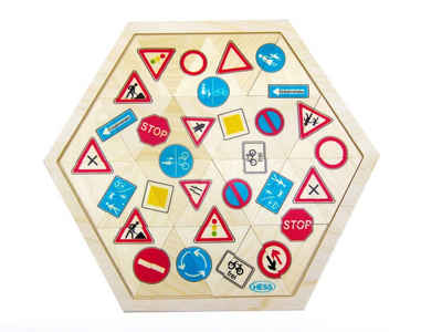 HESS SPIELZEUG Puzzle Legespiel Mosaiklegespiel Schilder 24T. Holzspielzeug Holzspiel, 24 Puzzleteile, 24 bunt bedruckte Dreiecke