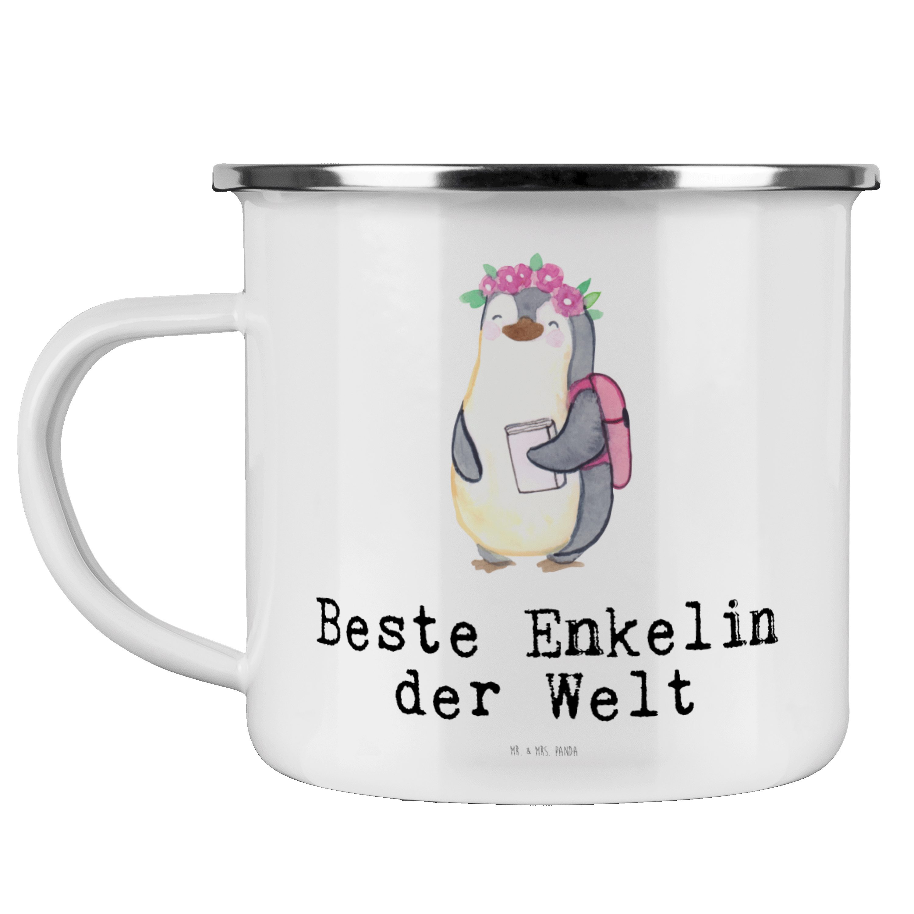 Mr. & Mrs. Panda Becher Pinguin Beste Enkelin der Welt - Weiß - Geschenk, Kaffee Blechtasse, Emaille