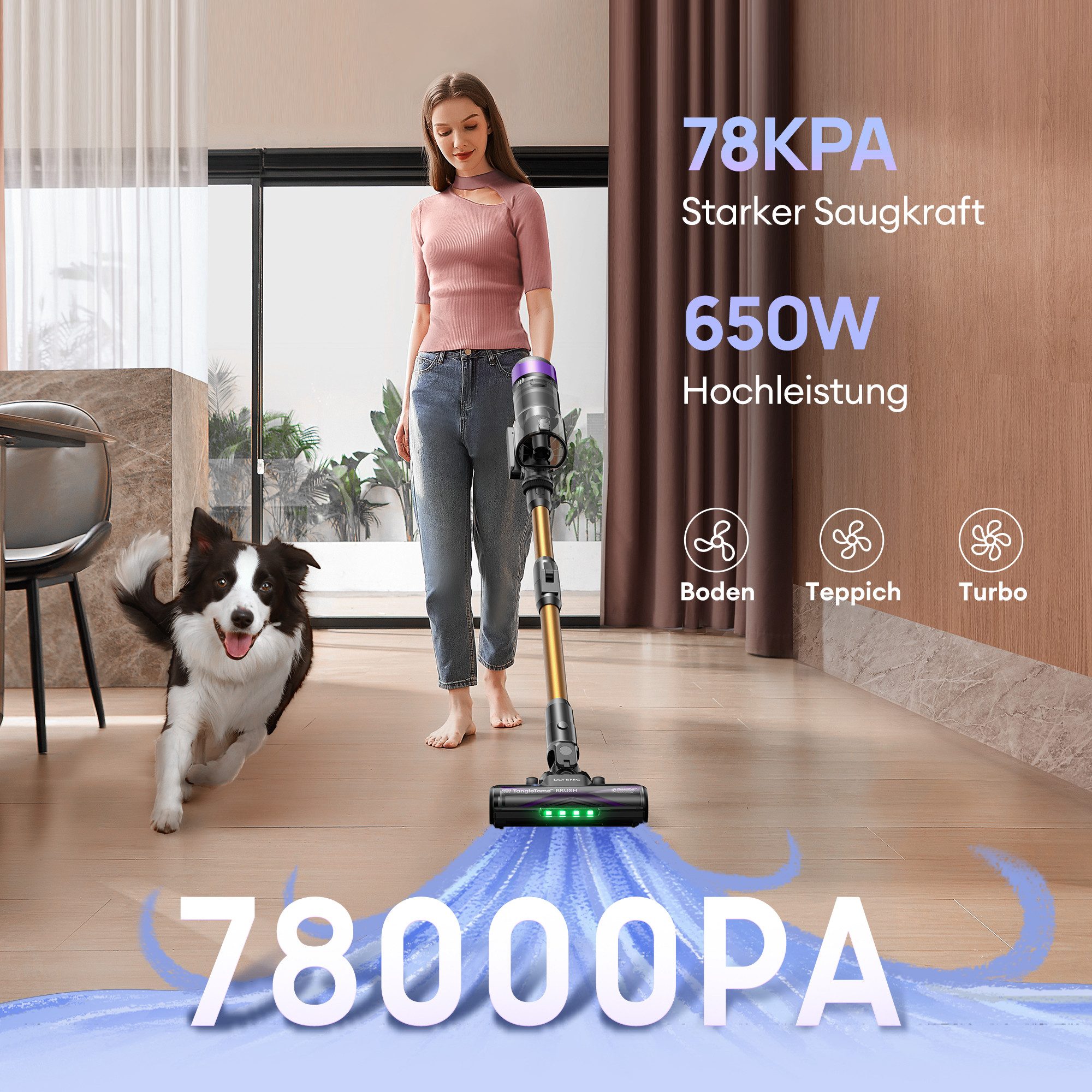 Ultenic Akku-Stielstaubsauger Akkustaubsauger,78000PA/650 W/Zero-Tangle-Bodenbürste, 650,00 W, beutellos, Anti-Tangle Bodenbürste für Hartböden Teppiche Tierhaare