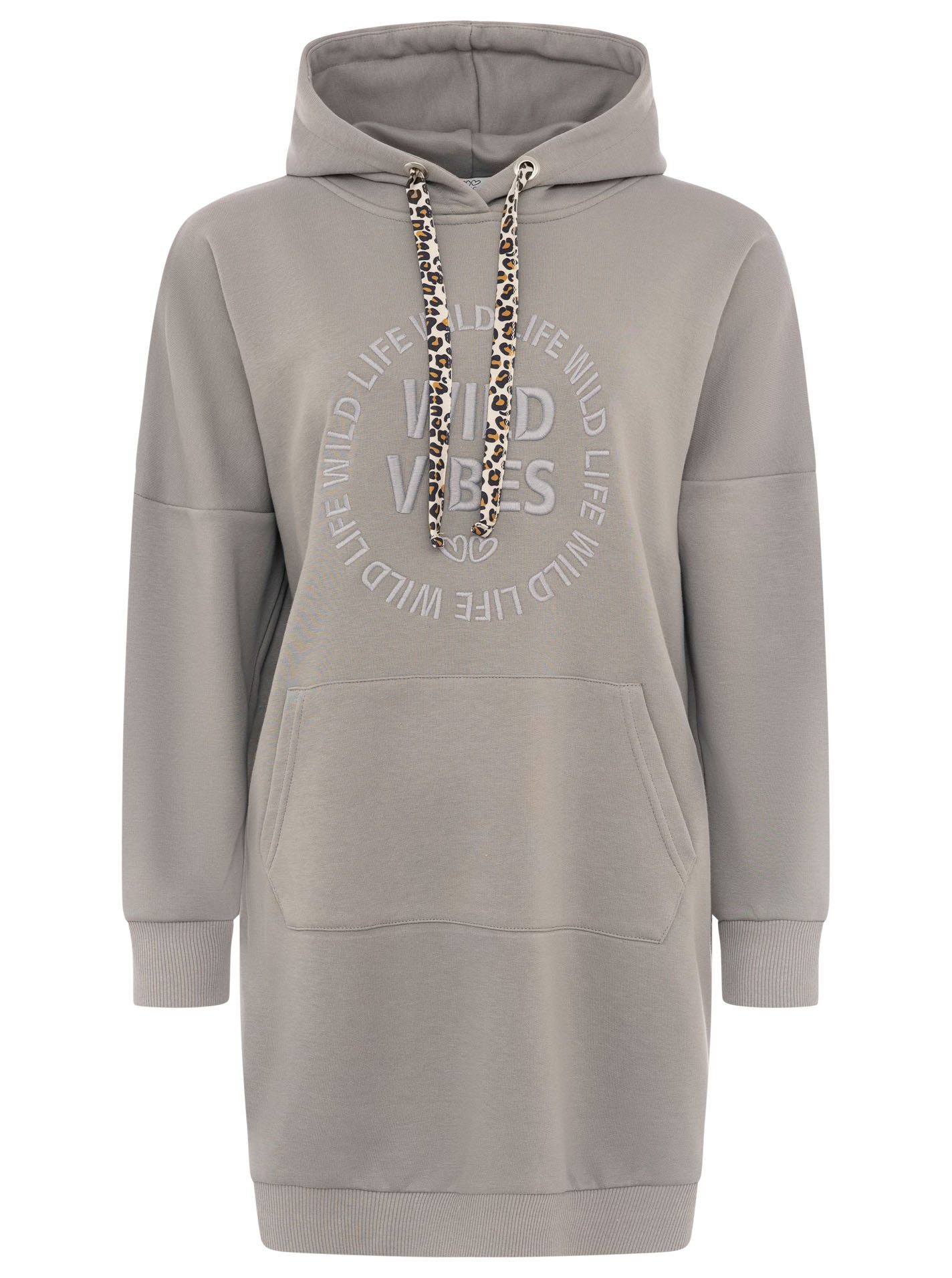 Zwillingsherz Sweatkleid "Wild Vibes" praktische Fronttaschen, Leo-Kordel, tonale Stickerei
