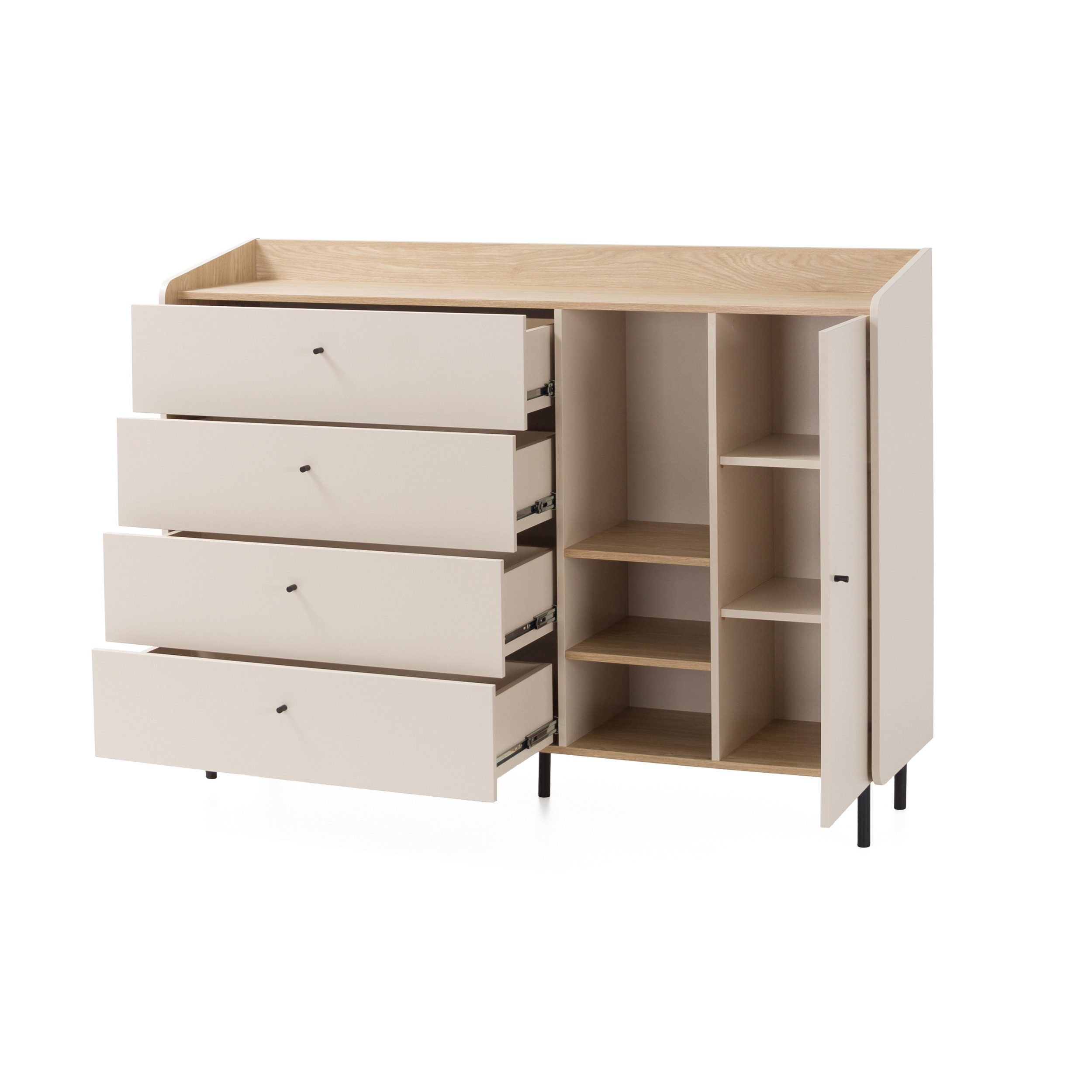 Beautysofa Kommode ALEX mit 1 Tür, 4 Schubladen und offenem Regal (erhältlich in zwei trendigen Farben- Eukalyptus oder Sandbeige), Breite: 155 cm