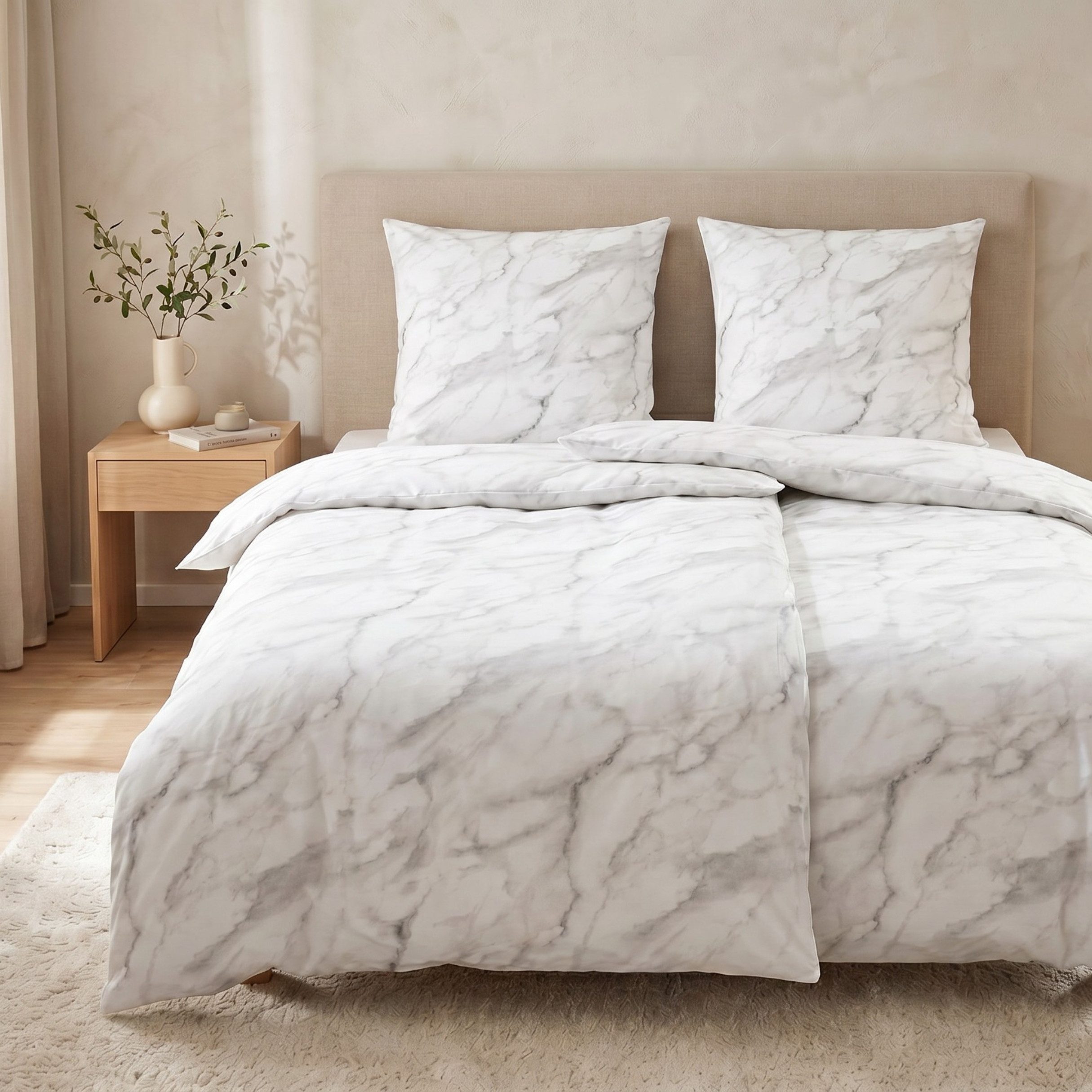 MTOnlinehandel Bettwäsche Marmor 135x200 + 80x80 cm, 100% Baumwolle, Renforcé, 2 teilig, modern in weiß grau, für Teenager & Erwachsene