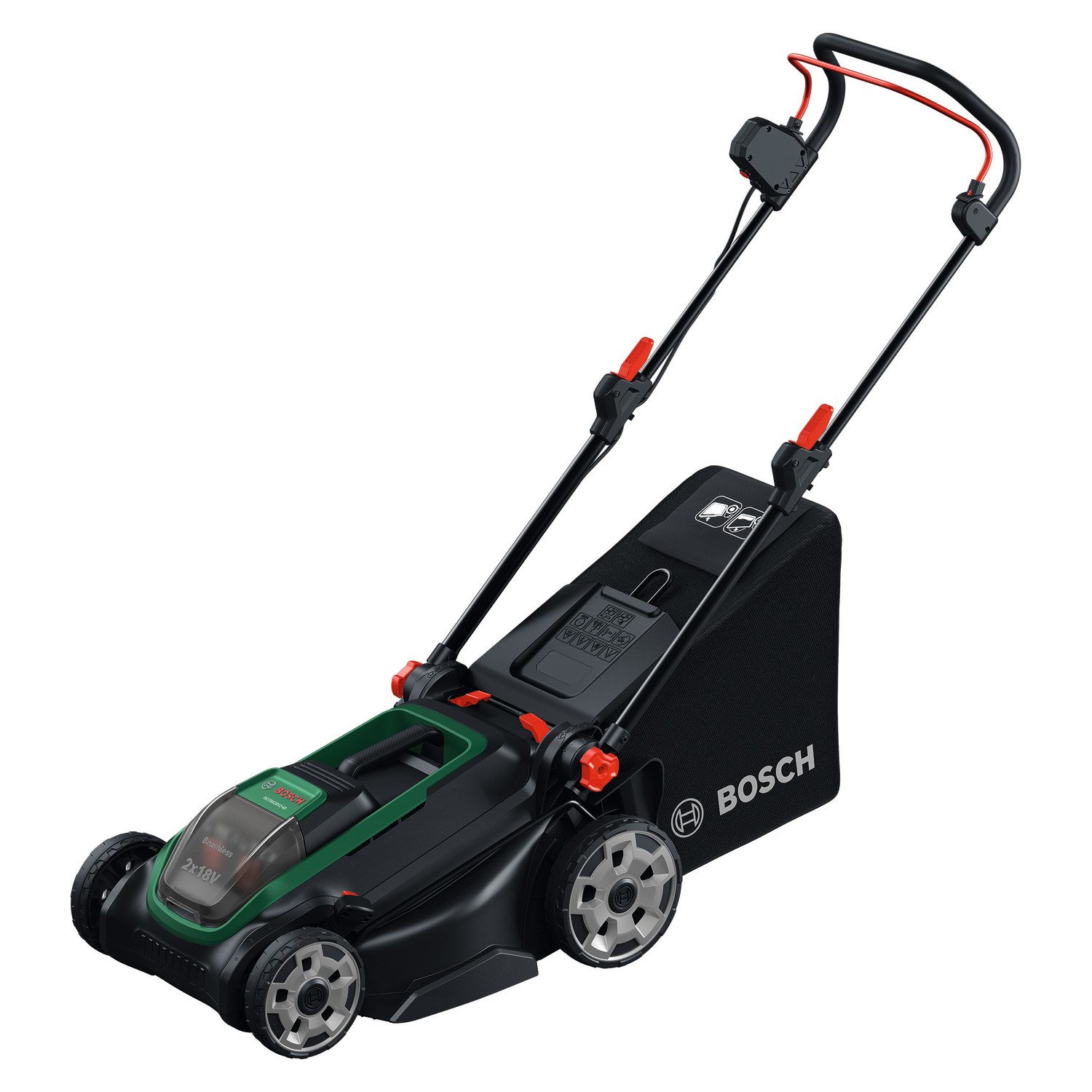 Bosch Home & Garden Akkurasenmäher ROTAK18V-43, 43 cm Schnittbreite, (inkl. 2 Akkus und Ladegerät), Kraftvoller 3-in-1-Mäher für mittelgroße bis größere Rasenflächen