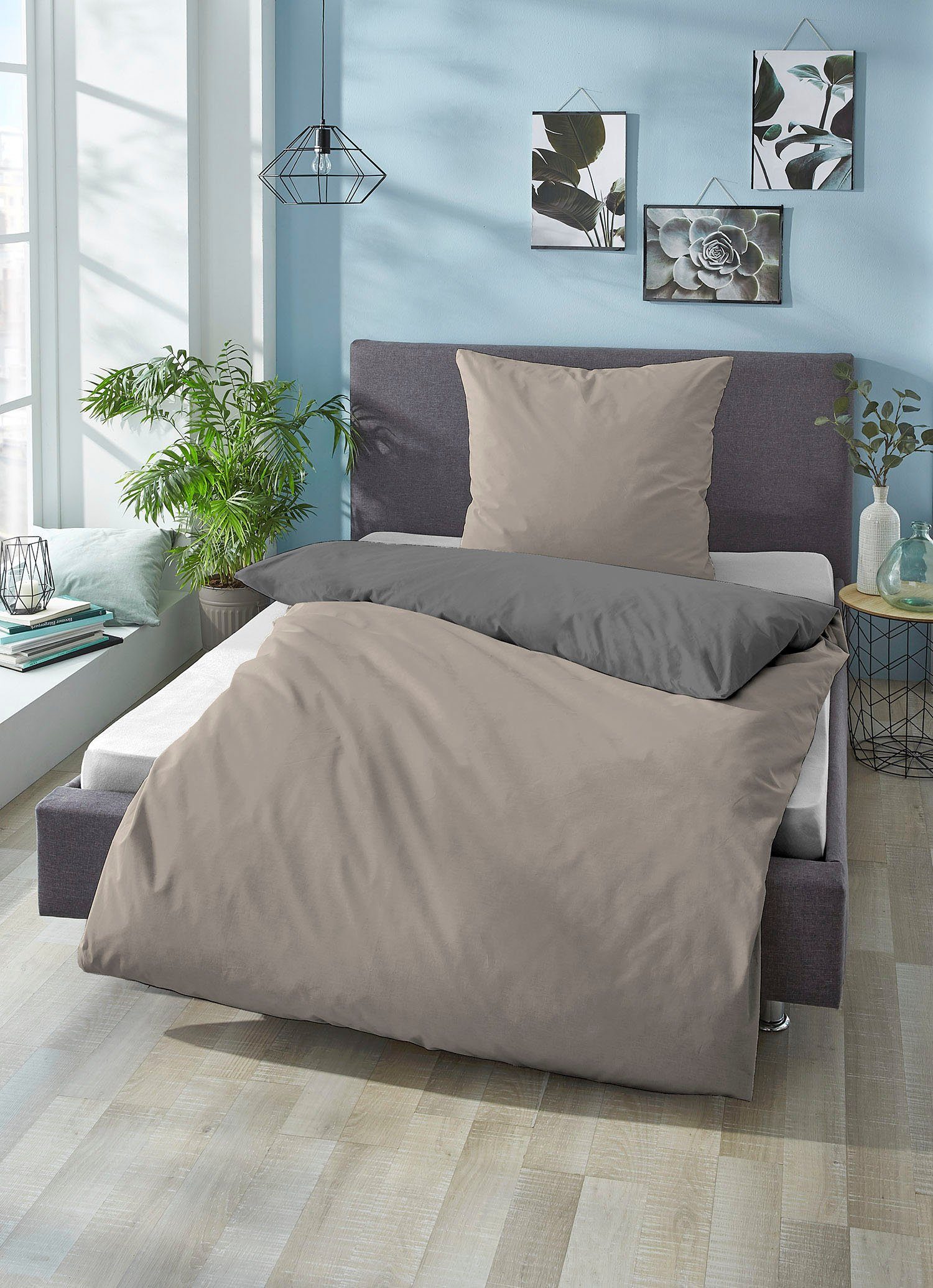 Biberna Wendebettwäsche Alma in Gr. 135x200, 155x220 oder 200x200 cm, Linon, 2 teilig, Bettwäsche aus Baumwolle, Reißverschluss, Bettwäsche mit Wendeoptik