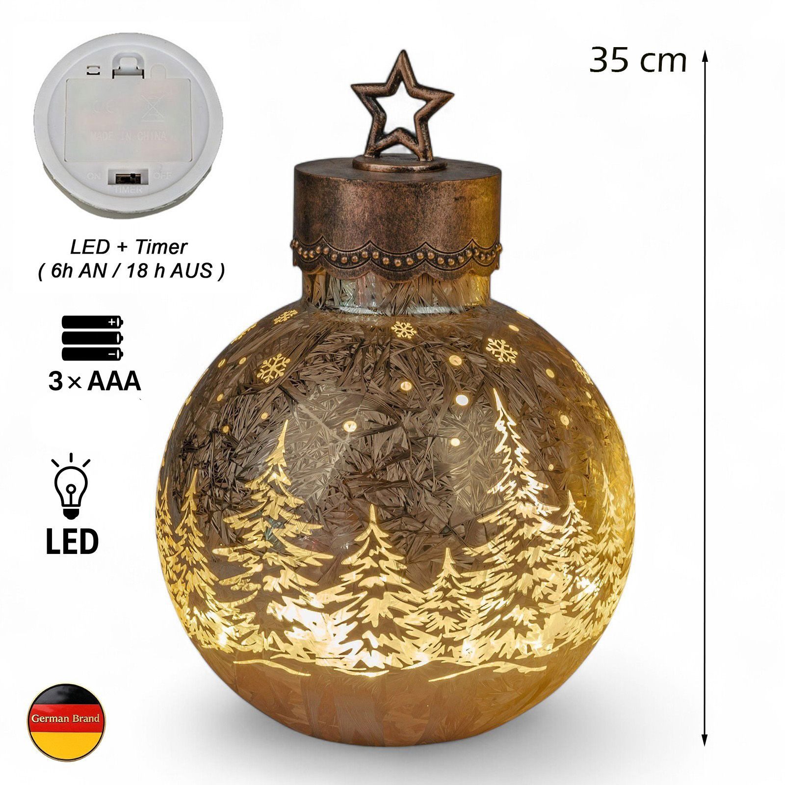 formano LED Dekolicht XXL Glas-Kugel Frosty Gold 35 cm Ice-Optik Timer 6h/18h Weihnachten, LED fest integriert