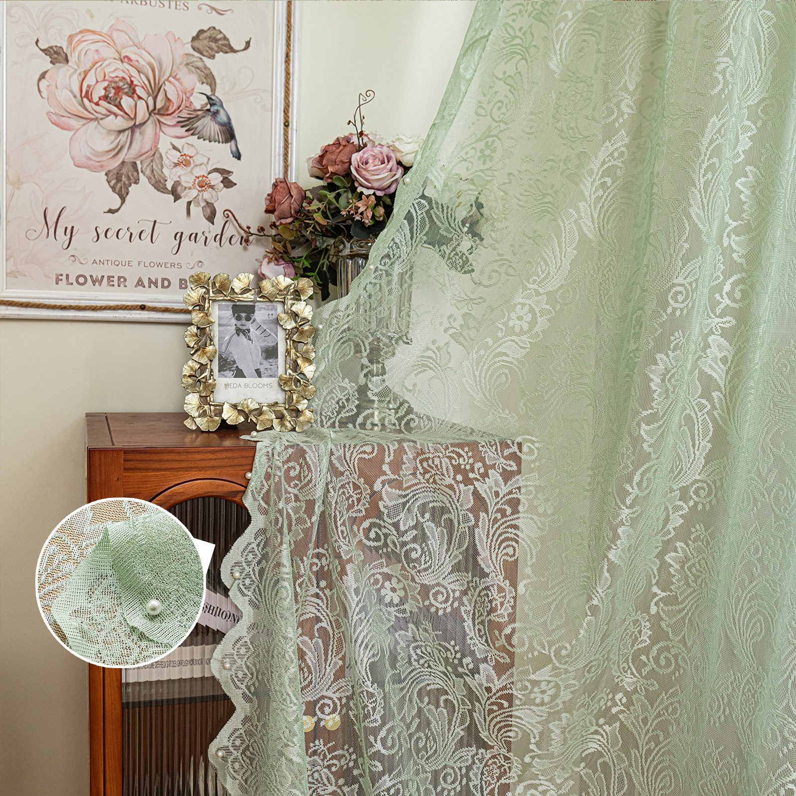 Sunicol Vorhang 2er Set Transparent Gardinen mit Spitze Blumen Bestickte, Voile Vorhänge Luftig Dekoschal für Wohnzimmer Schlafzimmer, Mintgrün
